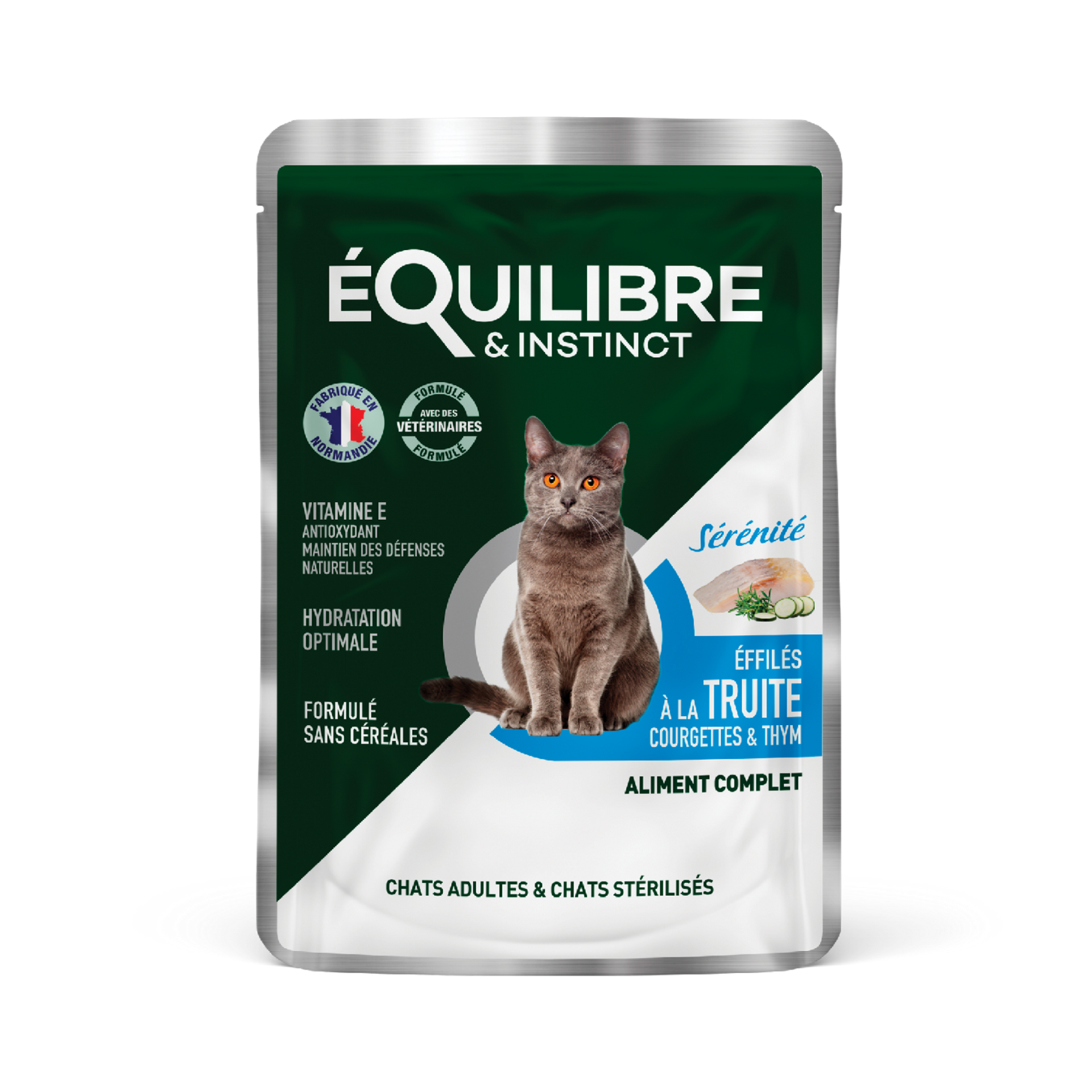 Effilés à la truite, courgettes & thym pour chat stérilisé et chat adulte 85 g – Équilibre & Instinct