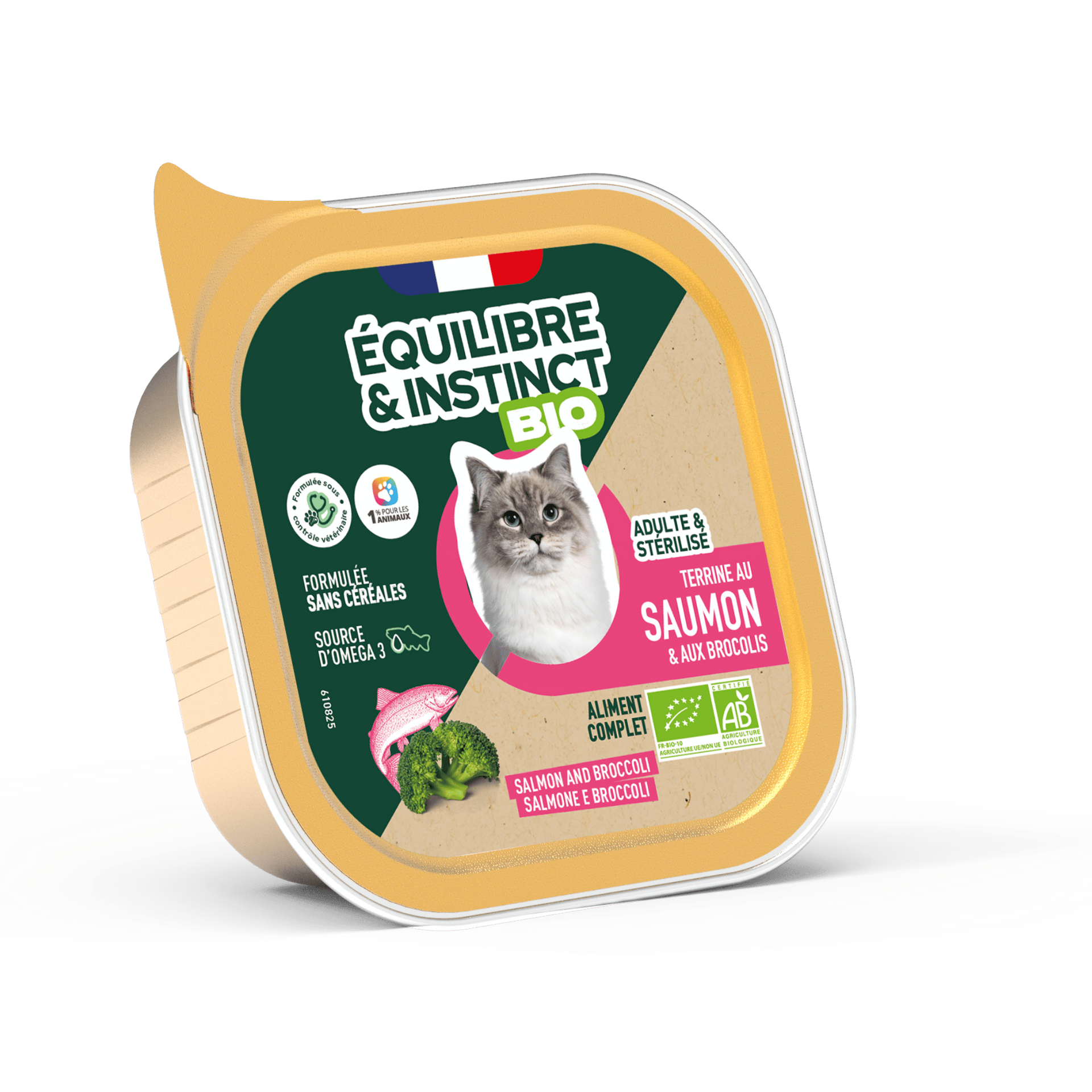Terrines BIO au saumon et aux brocolis pour chat adulte 85 g – Équilibre & Instinct