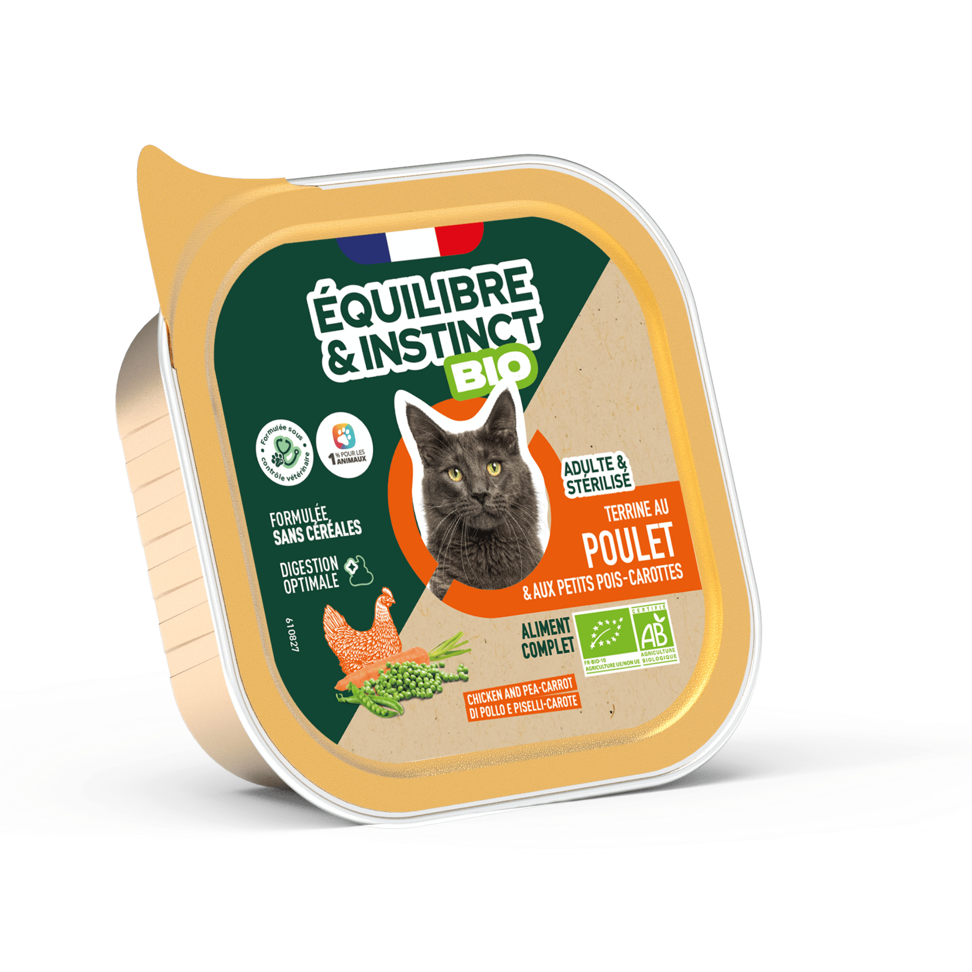 Terrines BIO au poulet et aux petits pois carottes pour chat adulte 85 g – Équilibre & Instinct