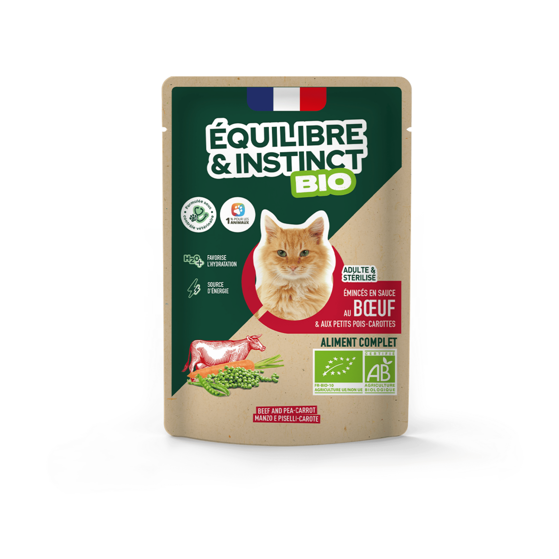 Émincés en sauce BIO au bœuf et aux petits pois carottes pour chat adulte 85 g – Équilibre & Instinct