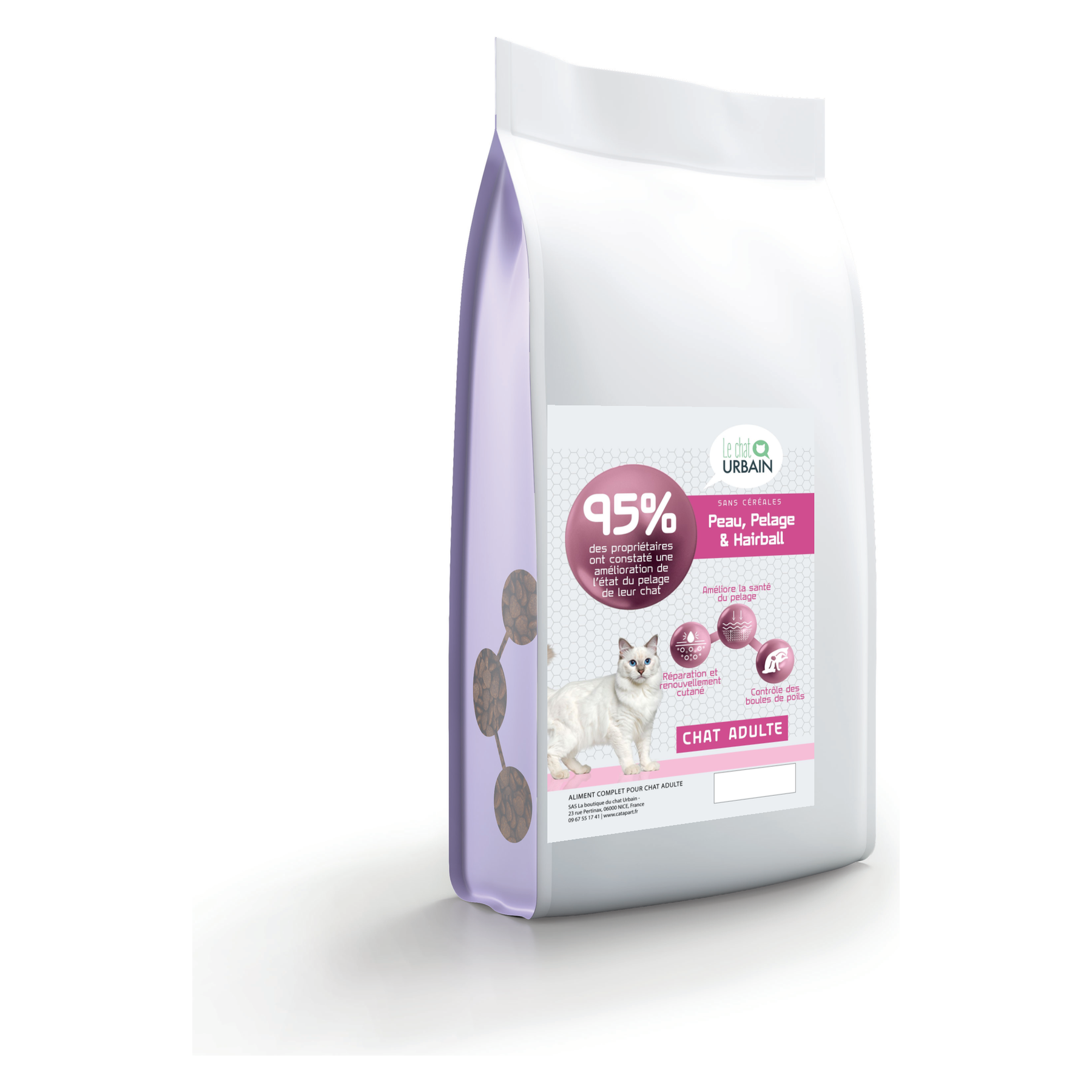 Croquettes Peptide+ peau et boules de poils chat – Le Chat Urbain — 1,5 kg — sac avec étiquette avant