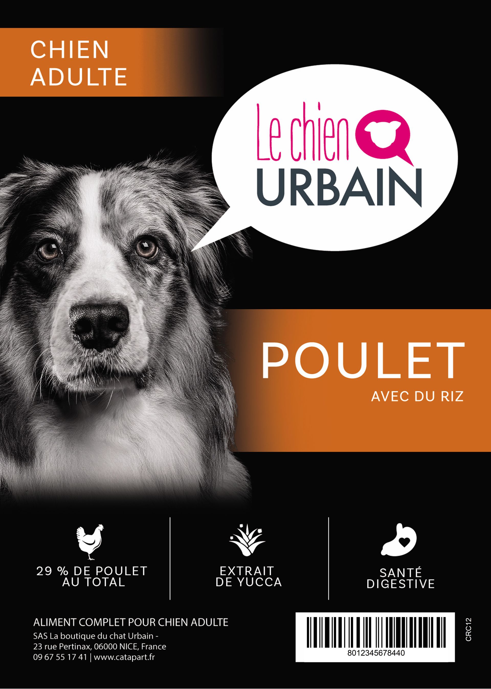 Croquettes pour chien adulte – Poulet et riz – Le Chien Urbain — étiquette recto