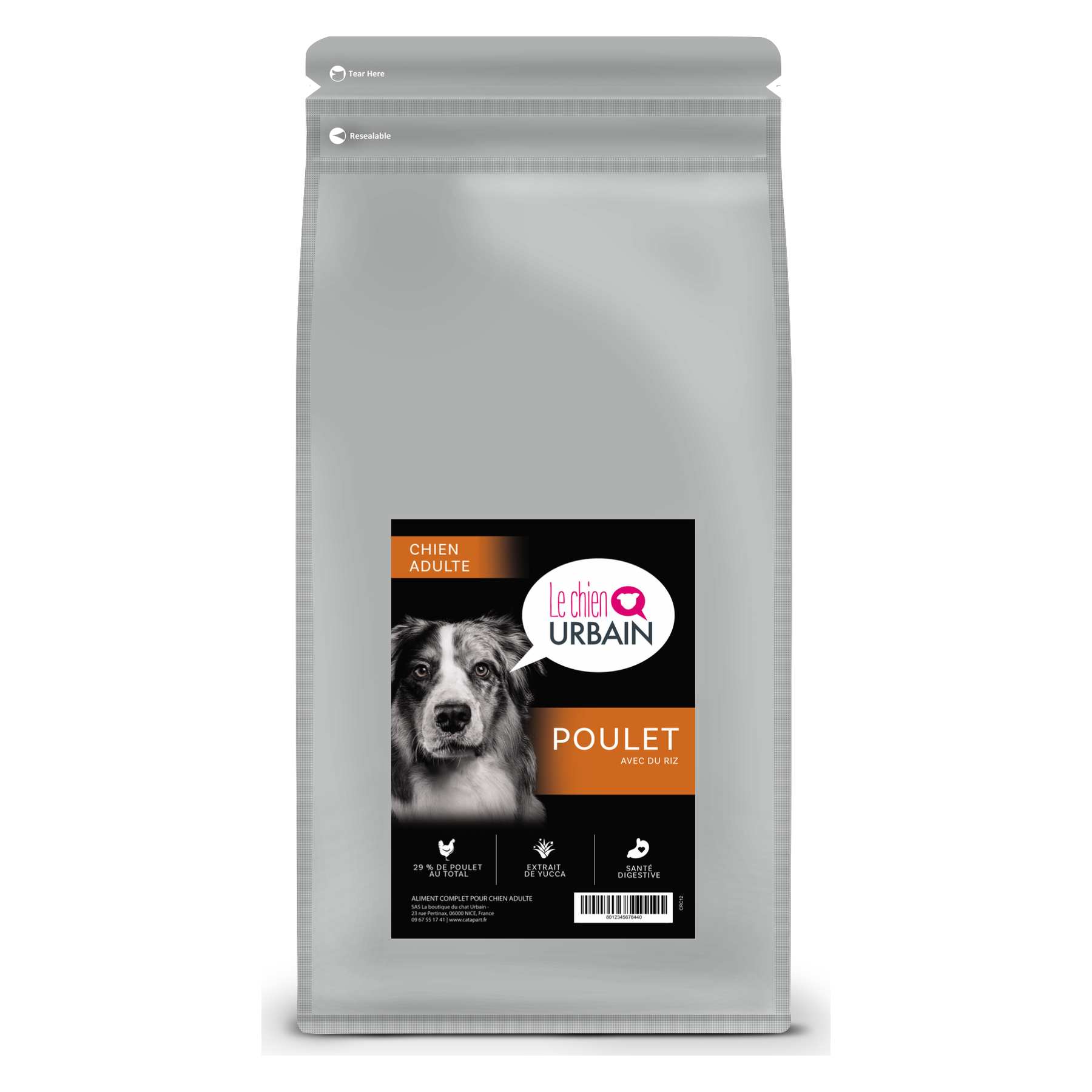 Croquettes pour chien adulte – Poulet et riz – Le Chien Urbain — 2 kg — sac avec étiquette avant