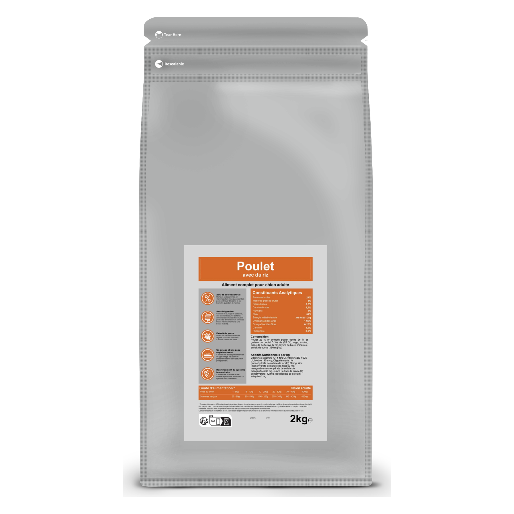 Croquettes pour chien adulte – Poulet et riz – Le Chien Urbain — 2 kg — sac avec étiquette avant