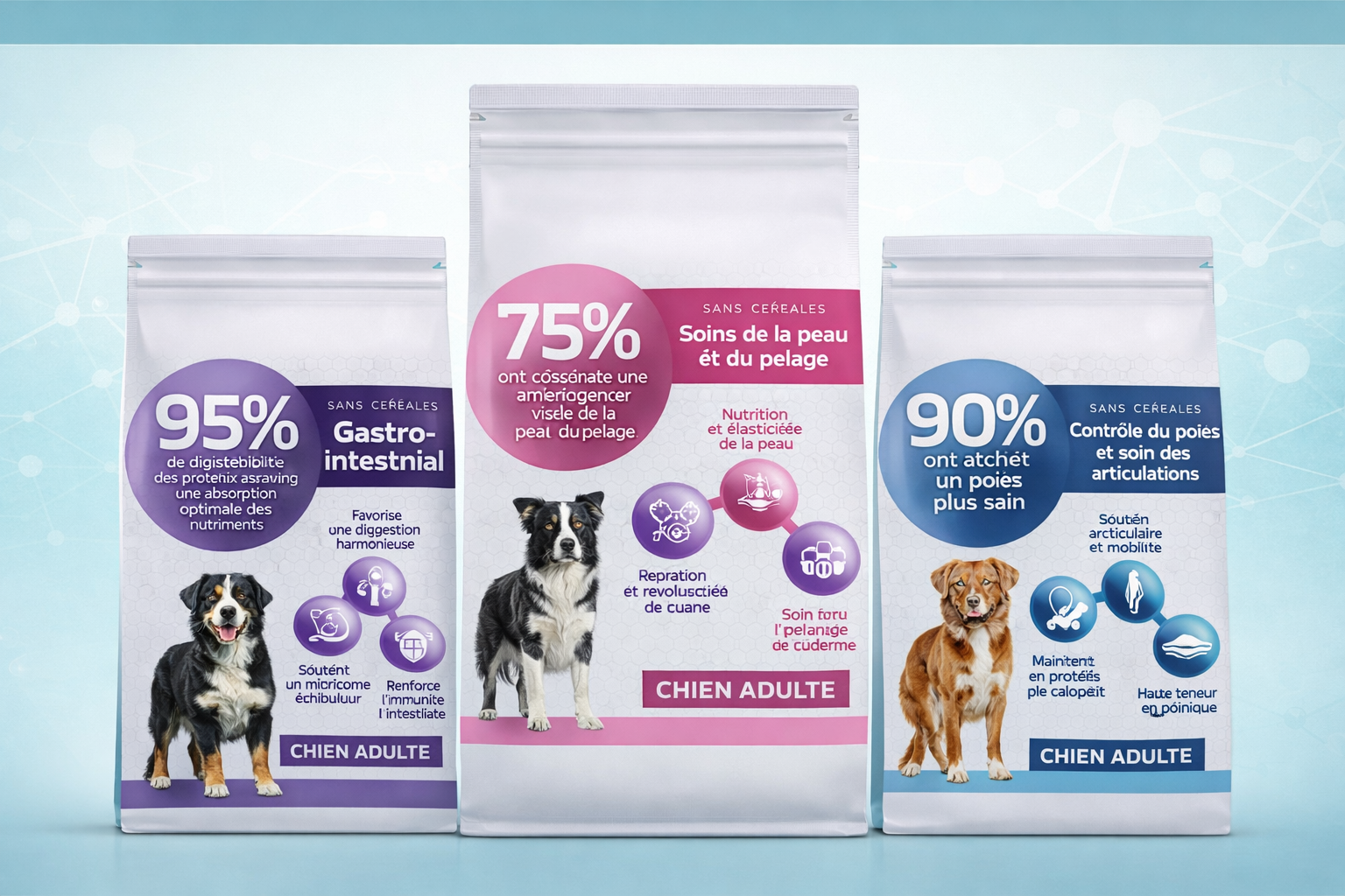 Des étagères présentent des friandises pour chiens dans des boîtes en plastique transparent. 