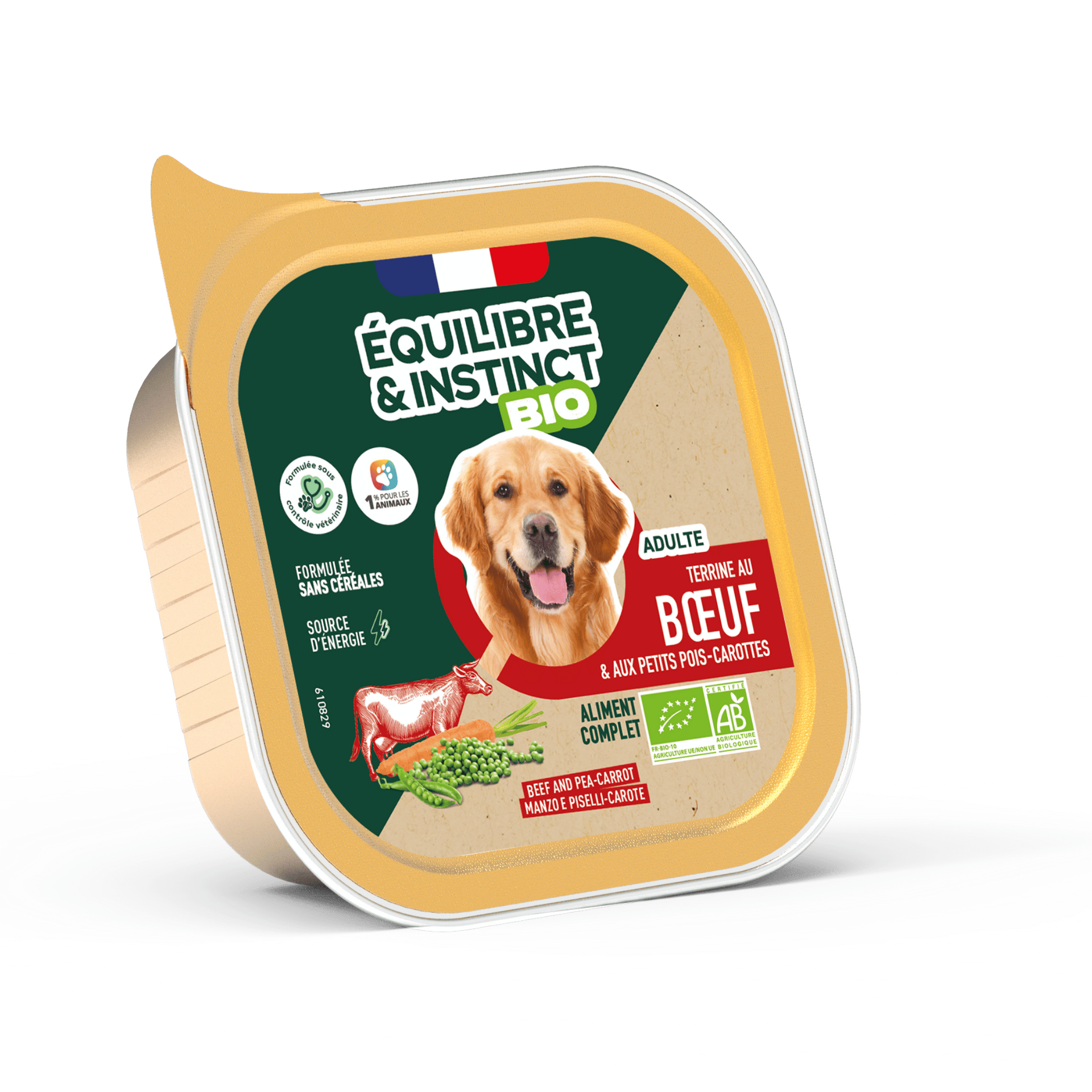 Terrines BIO au bœuf et aux petits pois carottes pour chien adulte 150 g – Équilibre & Instinct