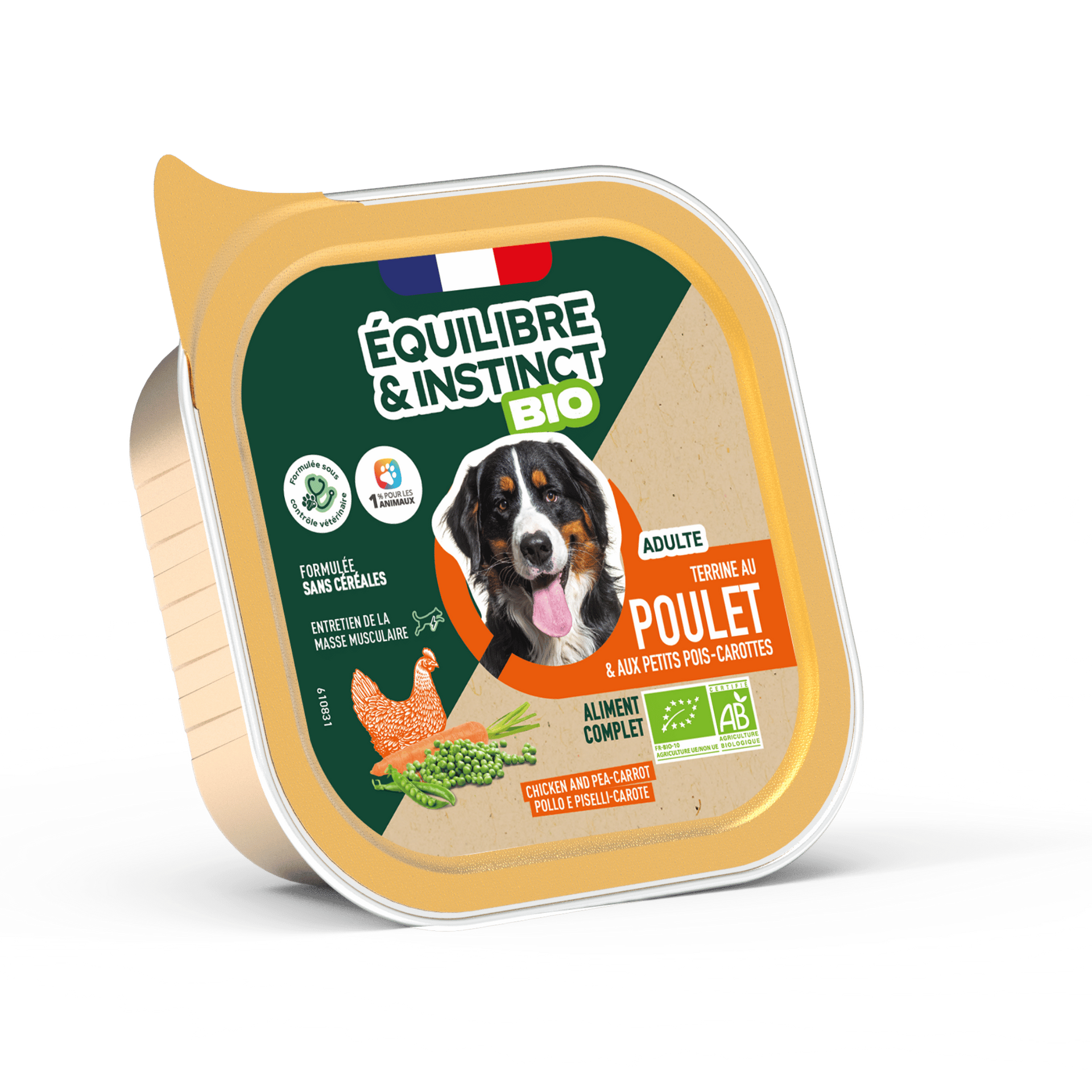 Terrines BIO au poulet et aux petits pois carottes pour chien adulte 150 g – Équilibre & Instinct
