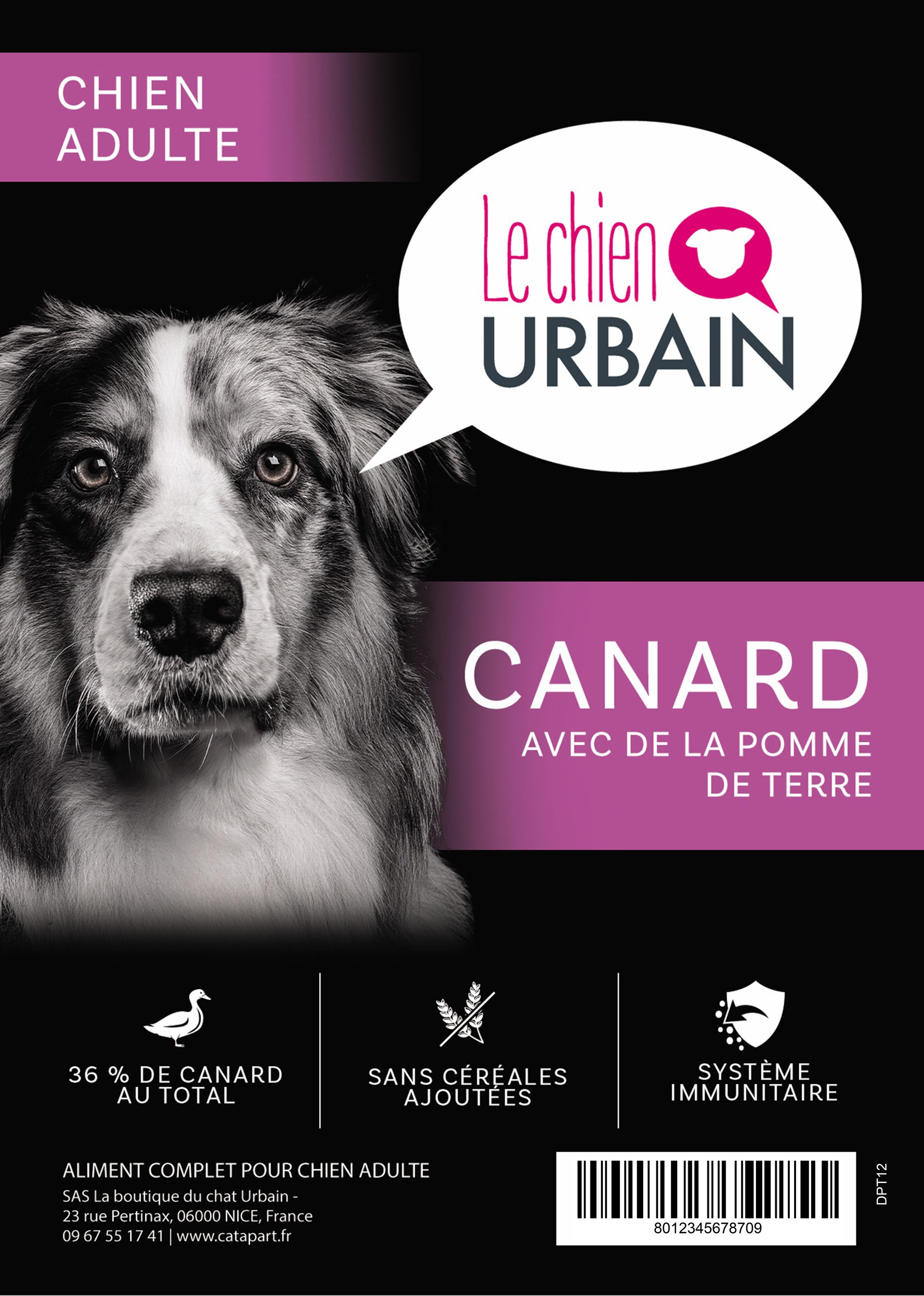 Croquettes pour chien adulte – Canard et pomme de terre – Le Chien Urbain — étiquette recto