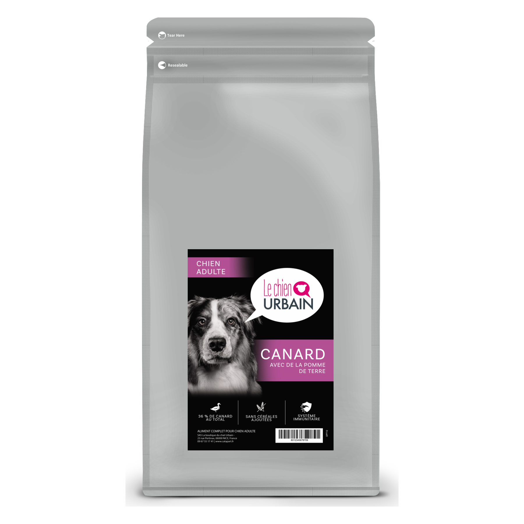 Croquettes pour chien adulte – Canard et pomme de terre – Le Chien Urbain — 2 kg — sac avec étiquette avant