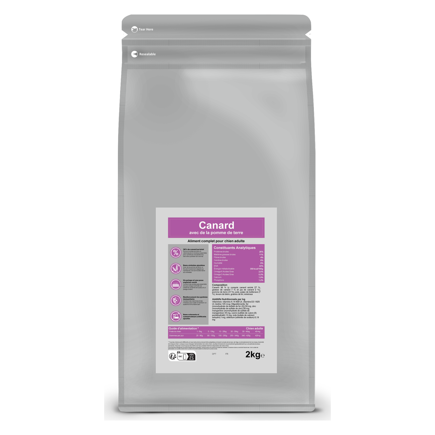 Croquettes pour chien adulte – Canard et pomme de terre – Le Chien Urbain — 2 kg — sac avec étiquette avant