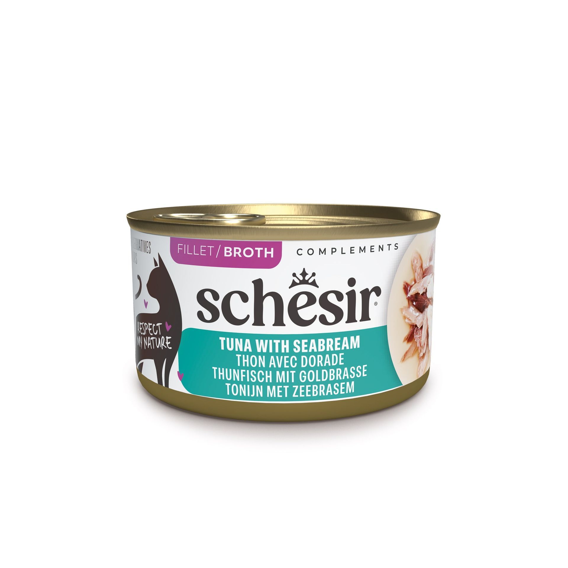 Boîte Schesir pour chat au thon et à la dorade en bouillon, 70 g