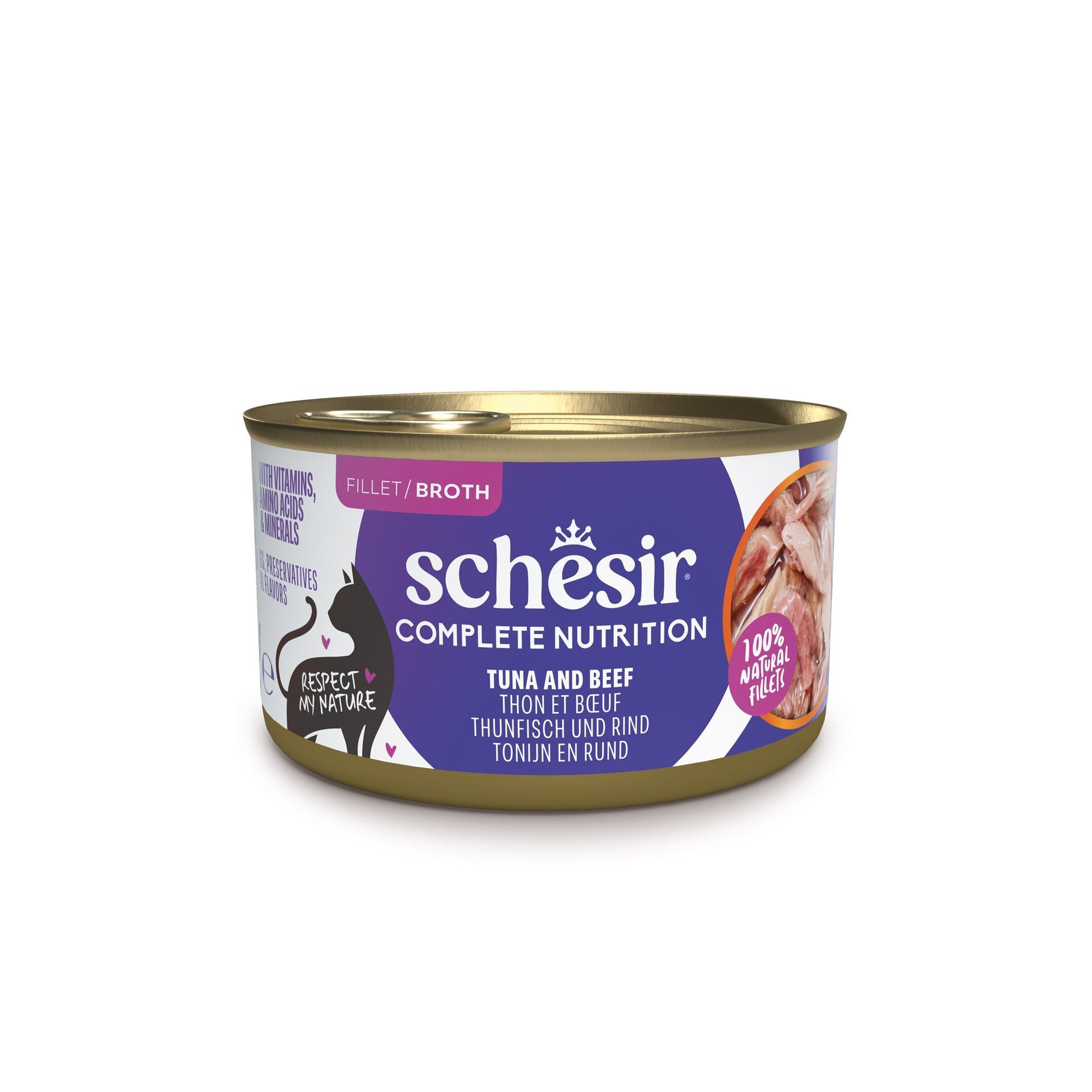Boîte Schesir au thon et au bœuf avec riz et eau de cuisson pour chat adulte, 85 g