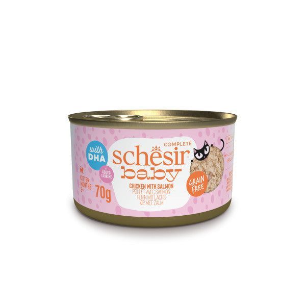 Boîte Schesir Baby poulet et saumon en bouillon 70 g pour chaton