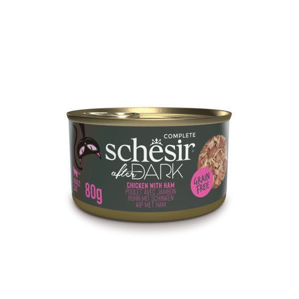 Boîte Schesir After Dark au poulet et au jambon en bouillon pour chat adulte, 80 g