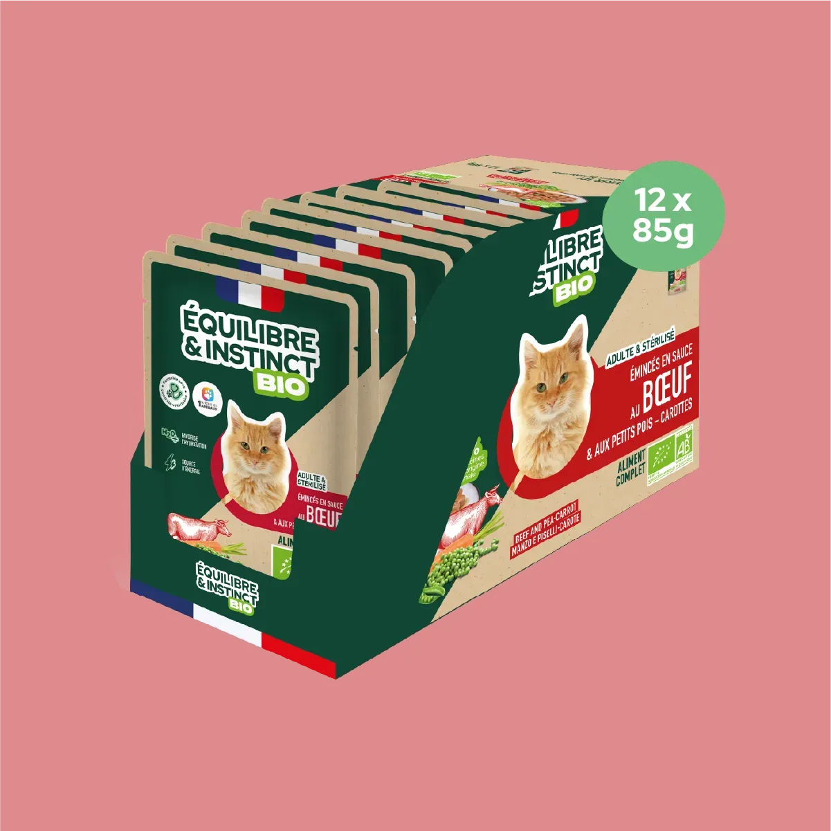 Émincés en sauce BIO au bœuf et aux petits pois carottes (Chat adulte) Équilibre & Instinct, carton de 12 sachets de 85 g
