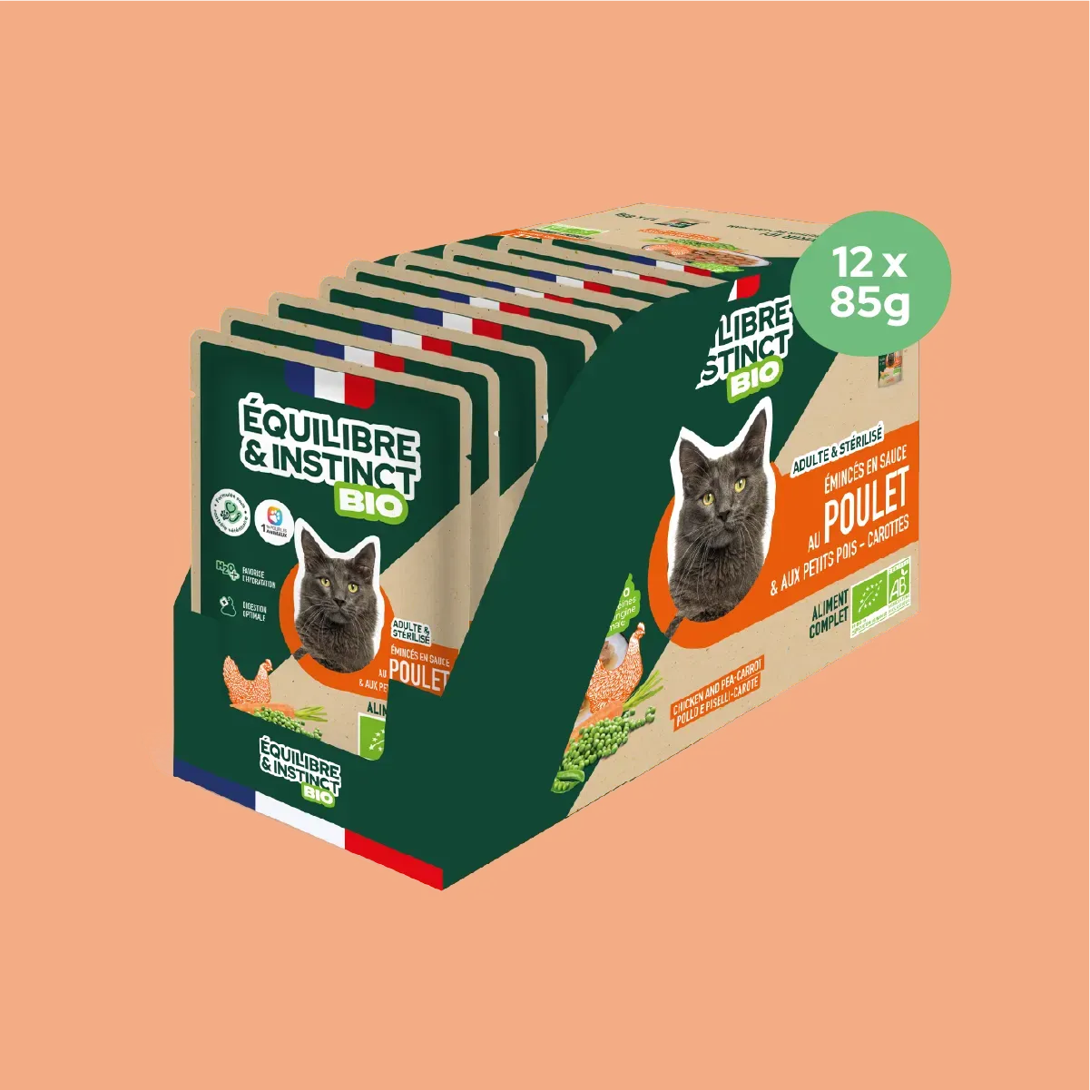 Émincés en sauce BIO au poulet et aux petits pois carottes (Chat adulte) Équilibre & Instinct, carton de 12 sachets de 85 g