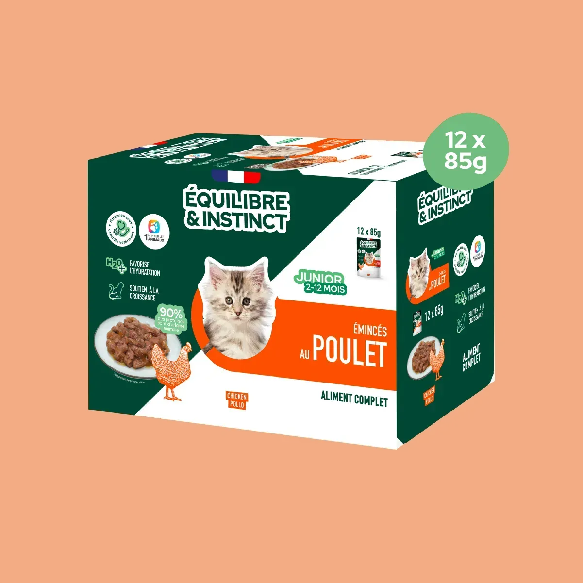 Émincés au poulet (Chaton) Équilibre & Instinct, carton de 12 sachets de 85 g