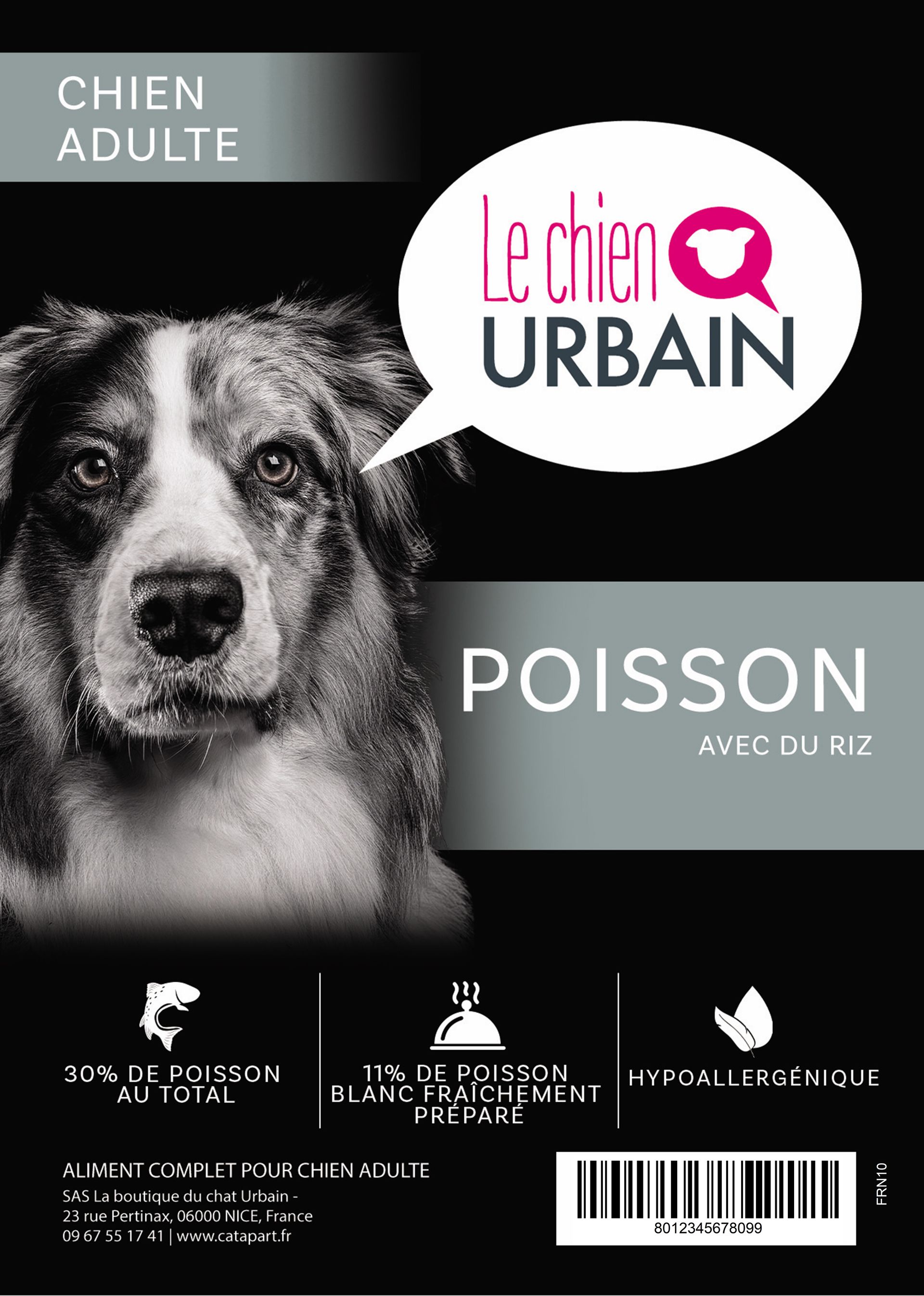 Croquettes pour chien adulte – Poisson, riz et orge – Le Chien Urbain — étiquette recto
