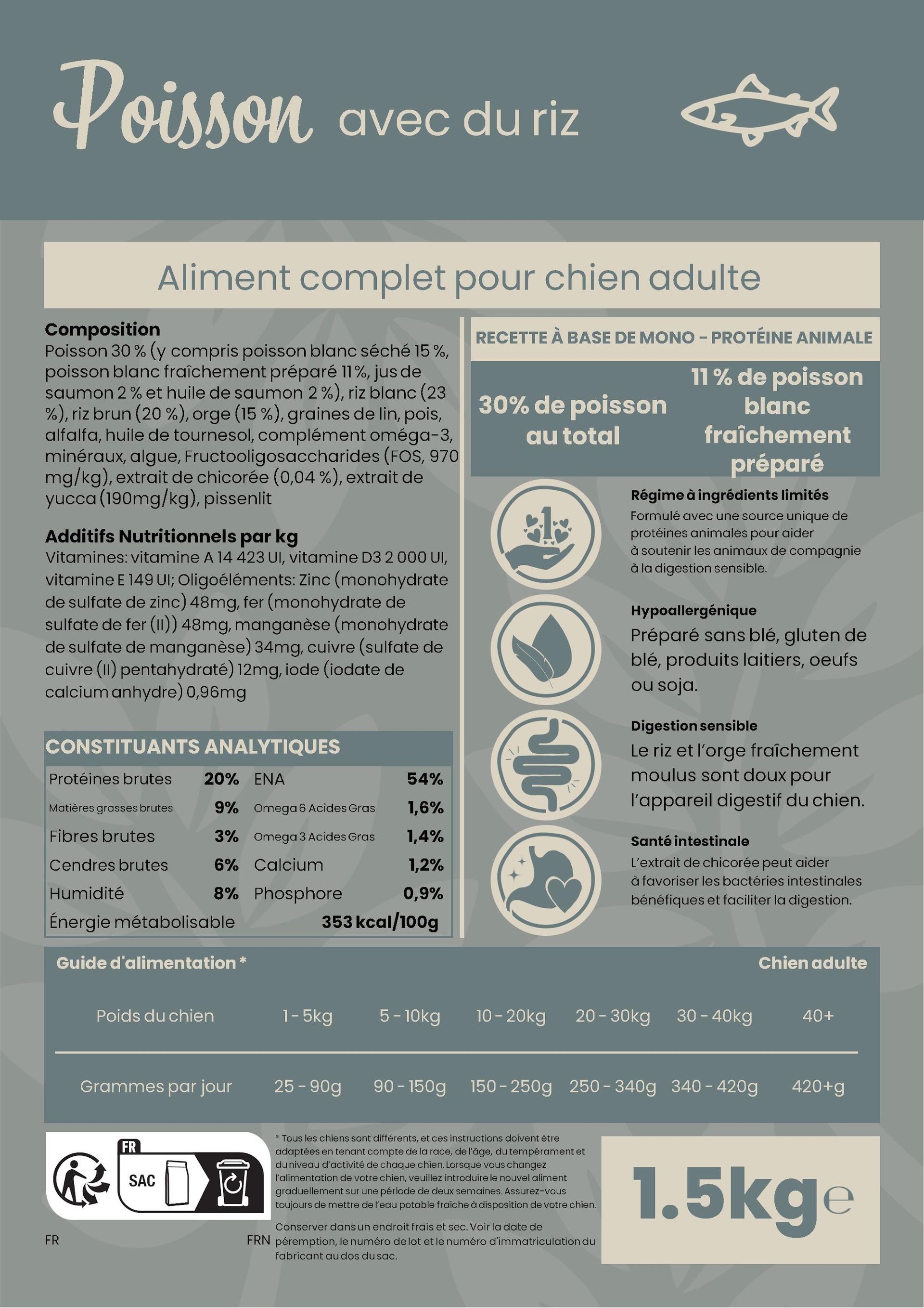 Croquettes pour chien adulte – Poisson, riz et orge – Le Chien Urbain — étiquette recto