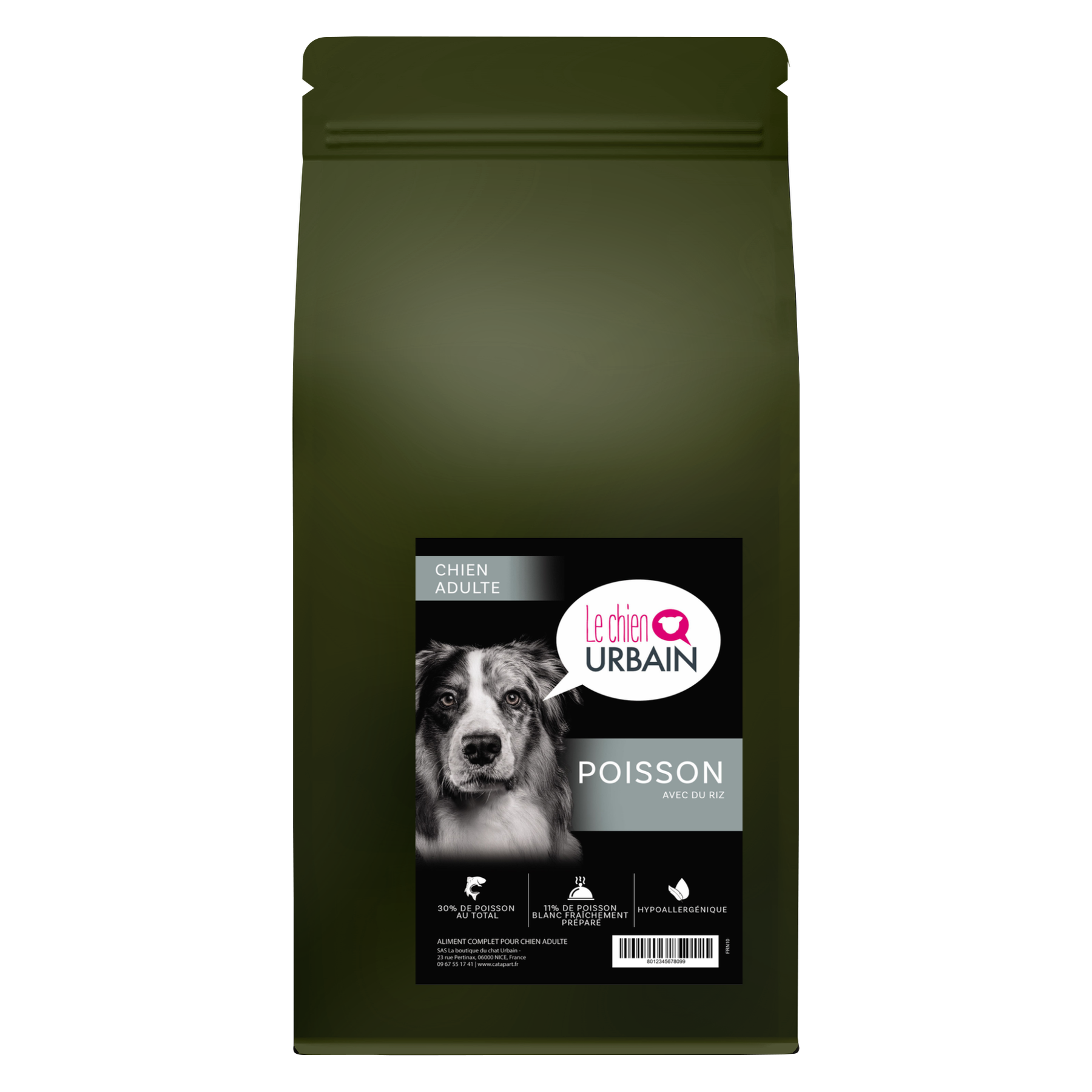 Croquettes pour chien adulte – Poisson riz et orge – Le Chien Urbain — 1,5 kg — sac avec étiquette avant