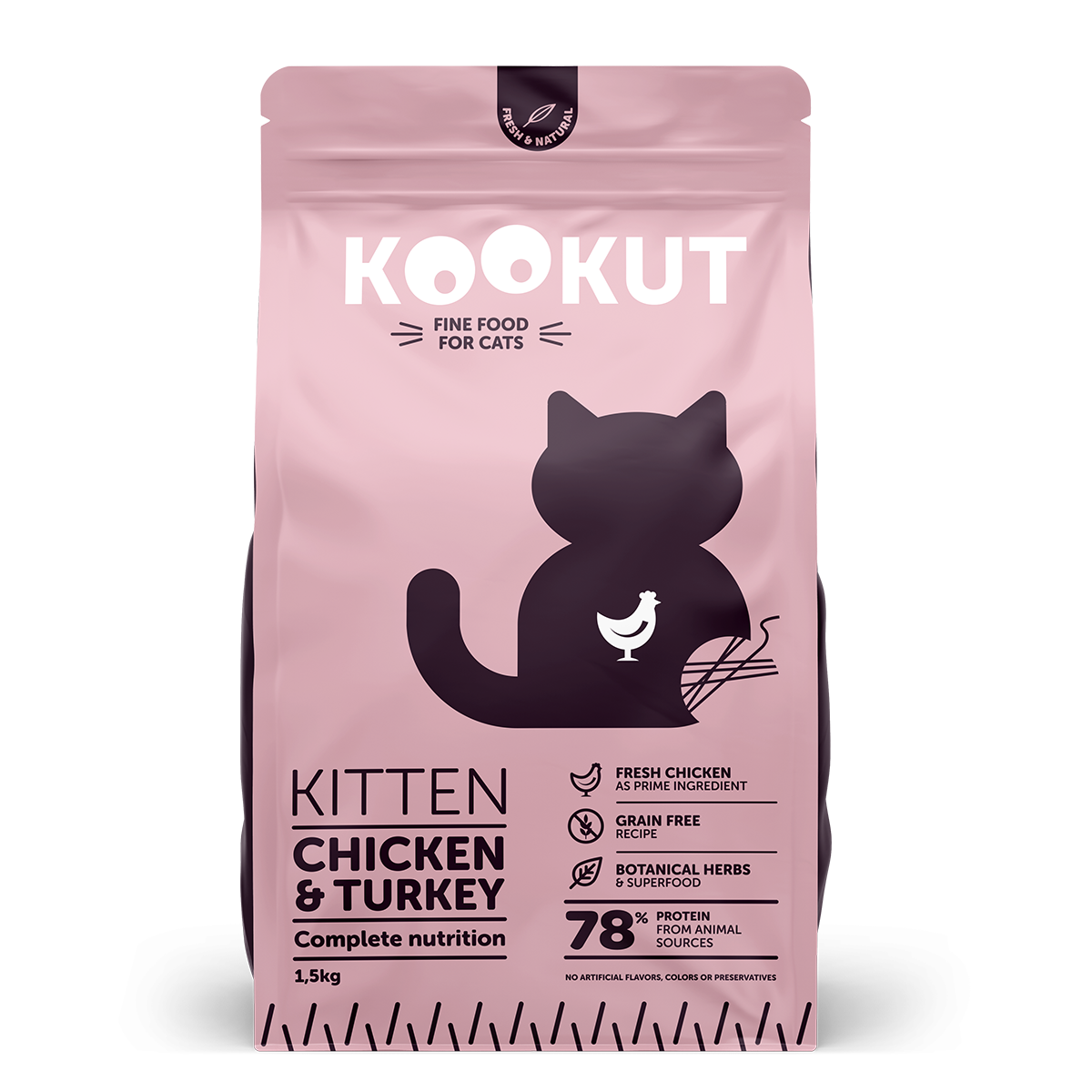 Croquettes Kookut chaton poulet et dinde 1,5 kg — sachet recto
