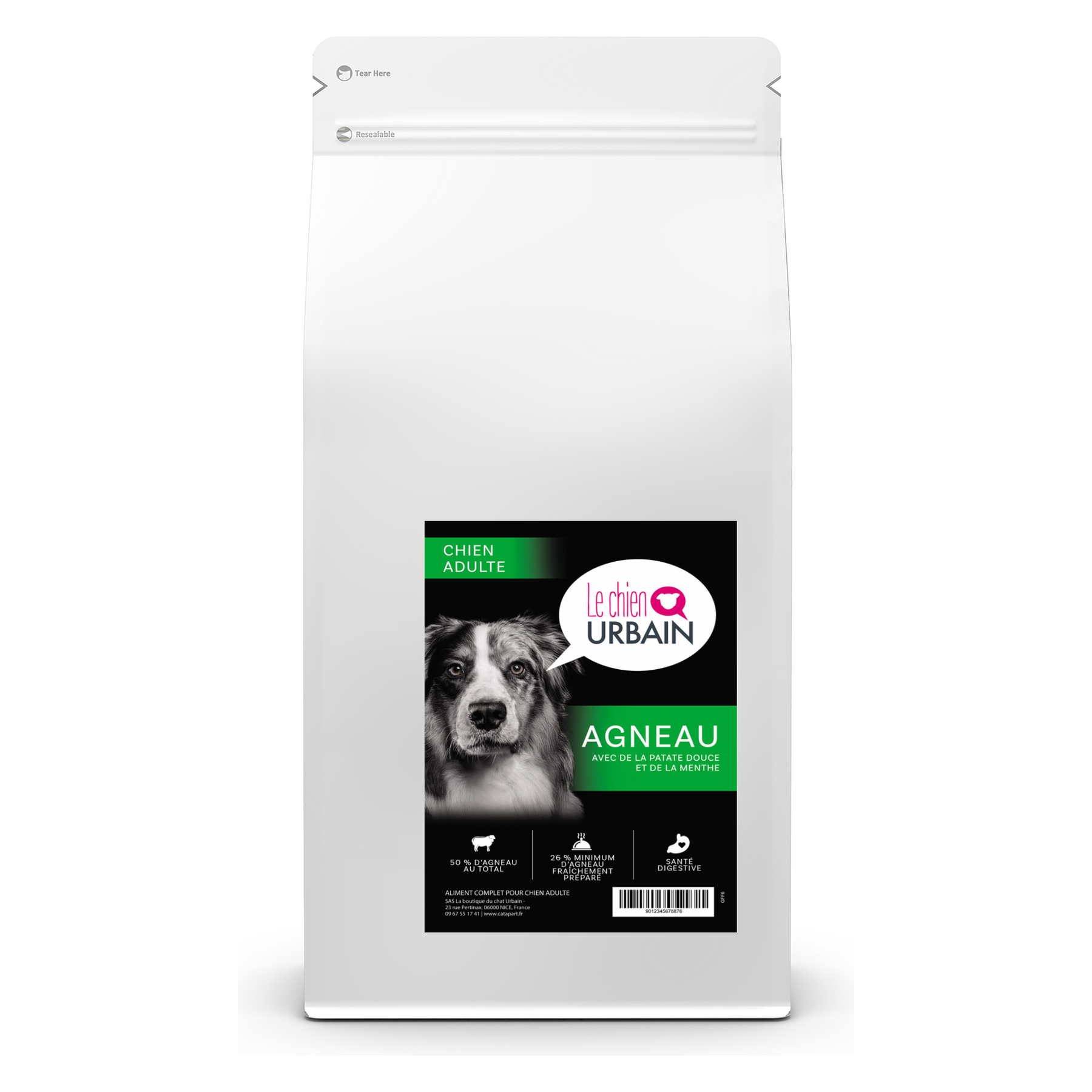 Croquettes sans céréales pour chien adulte – Agneau patate douce et menthe – Le Chien Urbain — 2 kg — sac avec étiquette avant