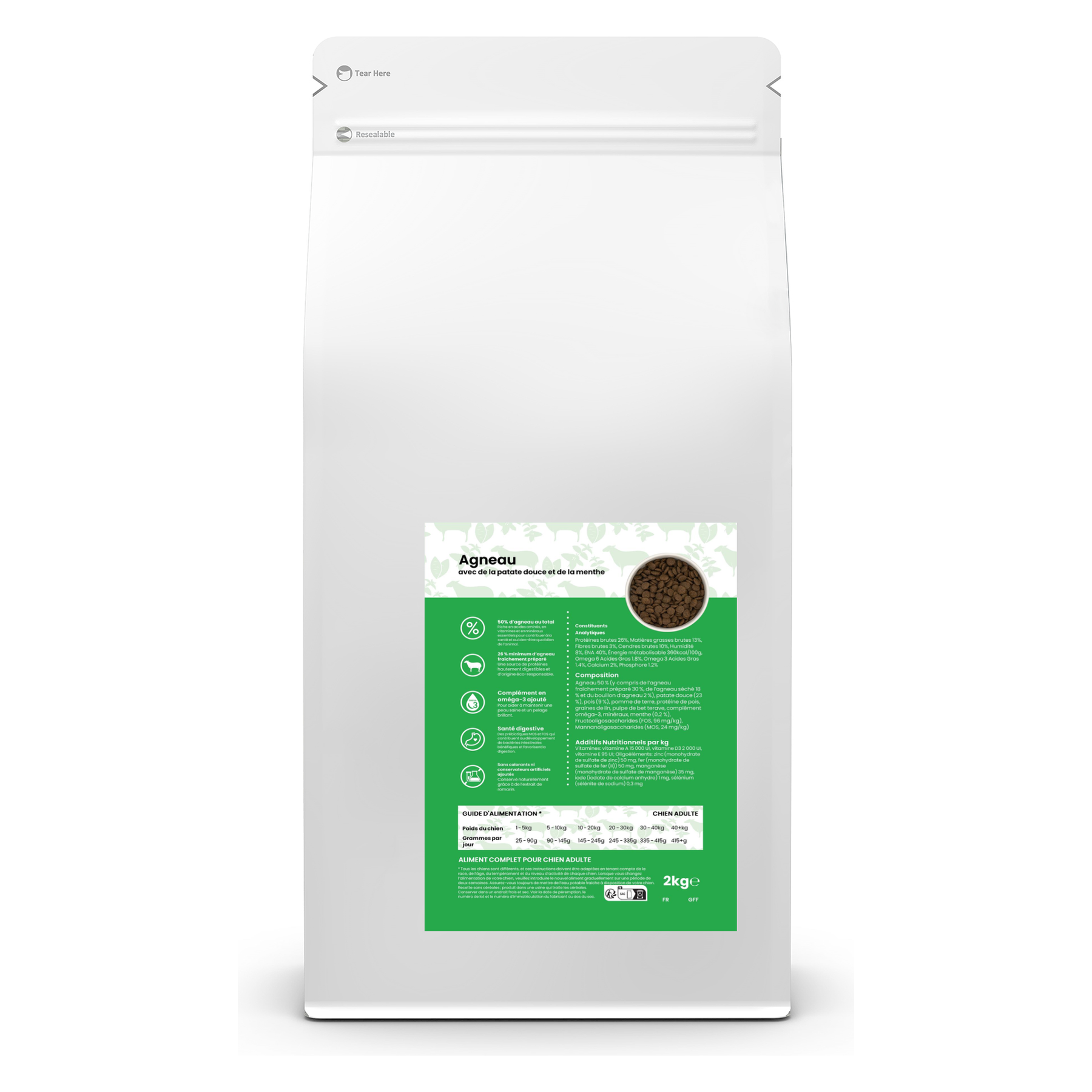 Croquettes sans céréales pour chien adulte – Agneau patate douce et menthe – Le Chien Urbain — 2 kg — sac avec étiquette avant