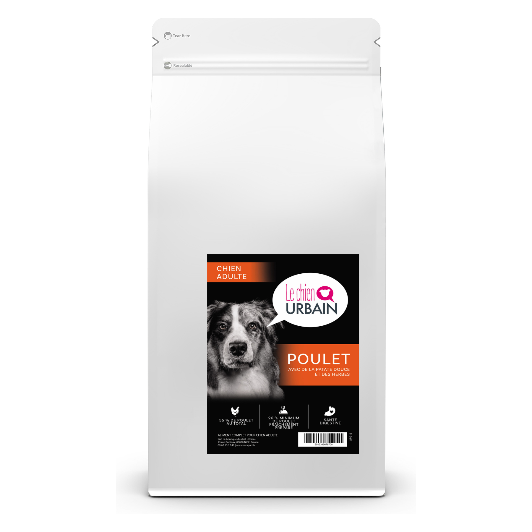 Croquettes sans céréales pour chien adulte – Poulet patate douce et herbes – Le Chien Urbain — 2 kg — sac avec étiquette avant