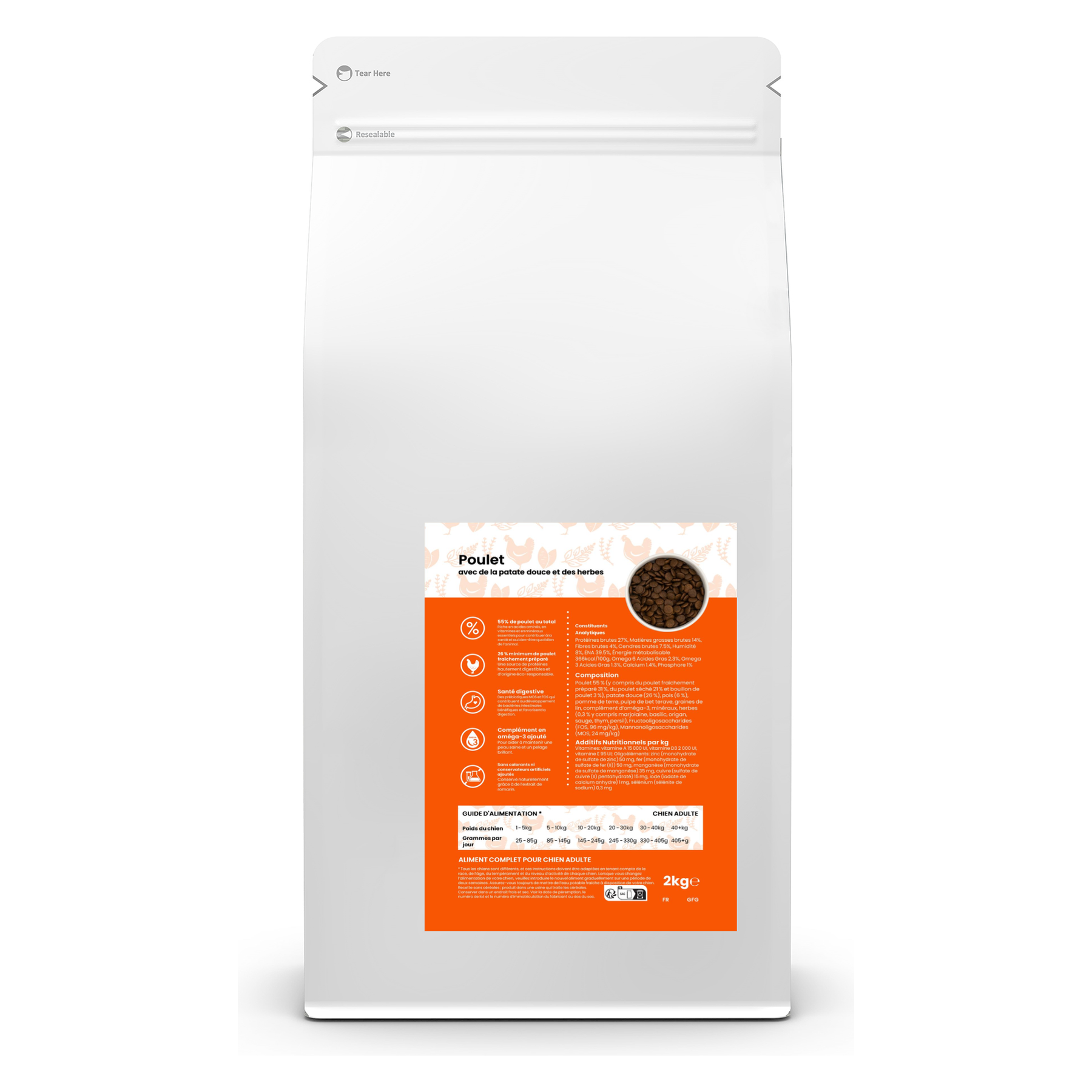 Croquettes sans céréales pour chien adulte – Poulet patate douce et herbes – Le Chien Urbain — 2 kg — sac avec étiquette avant