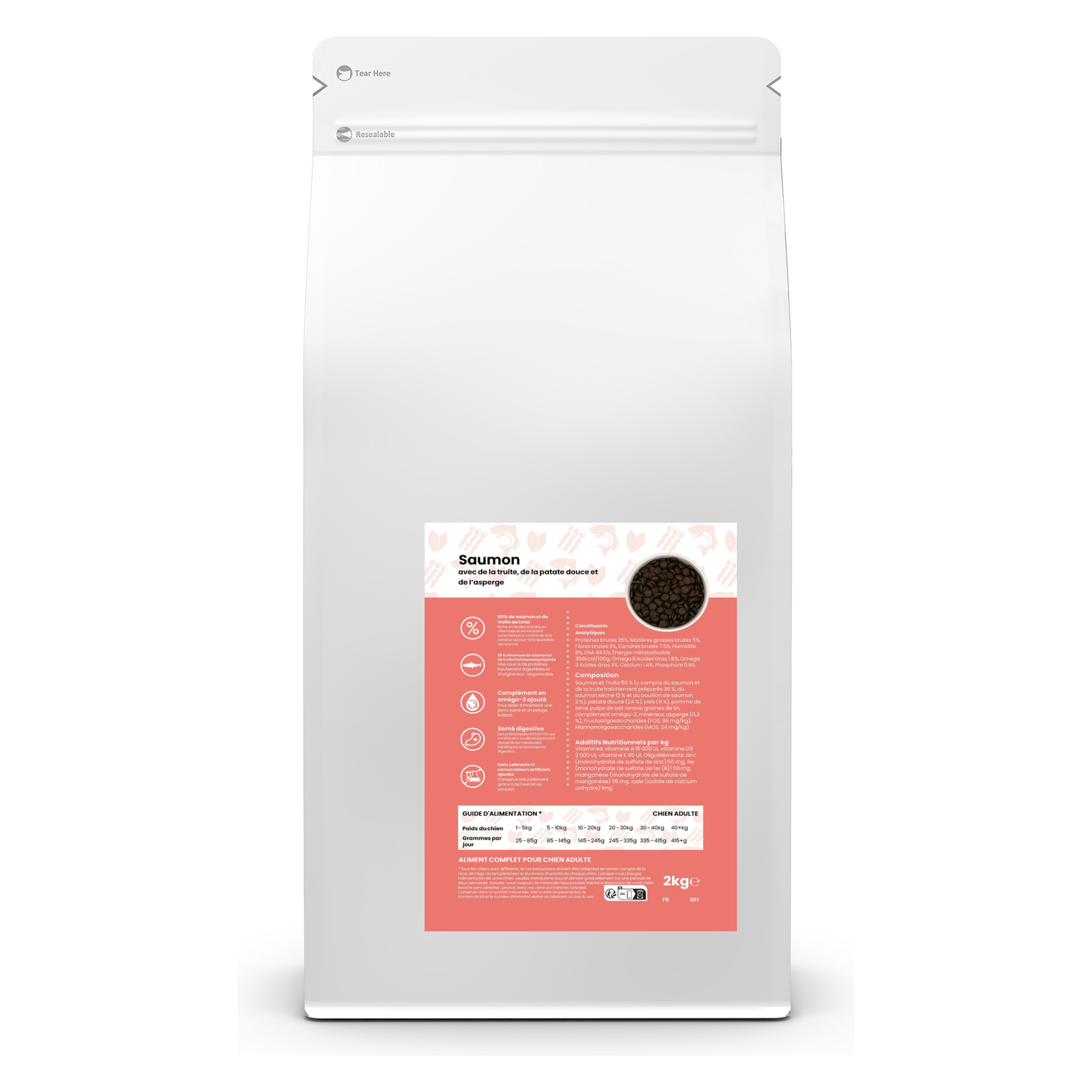 Croquettes sans céréales pour chien adulte – Saumon truite patate douce et asperge – Le Chien Urbain — 2 kg — sac avec étiquette avant