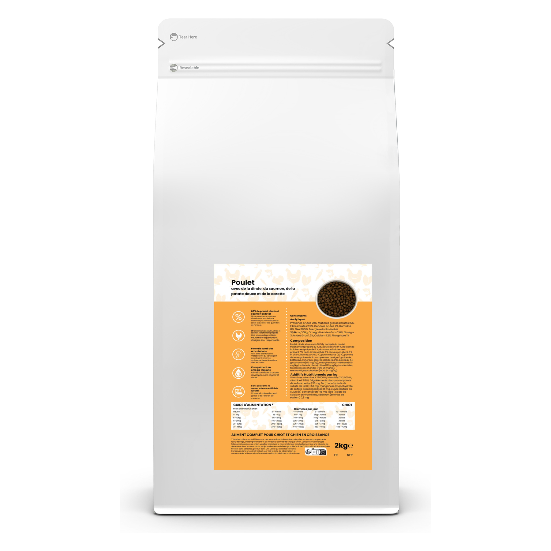 Croquettes sans céréales pour chiot – Poulet dinde saumon et patate douce – Le Chien Urbain — 2 kg — sac avec étiquette avant