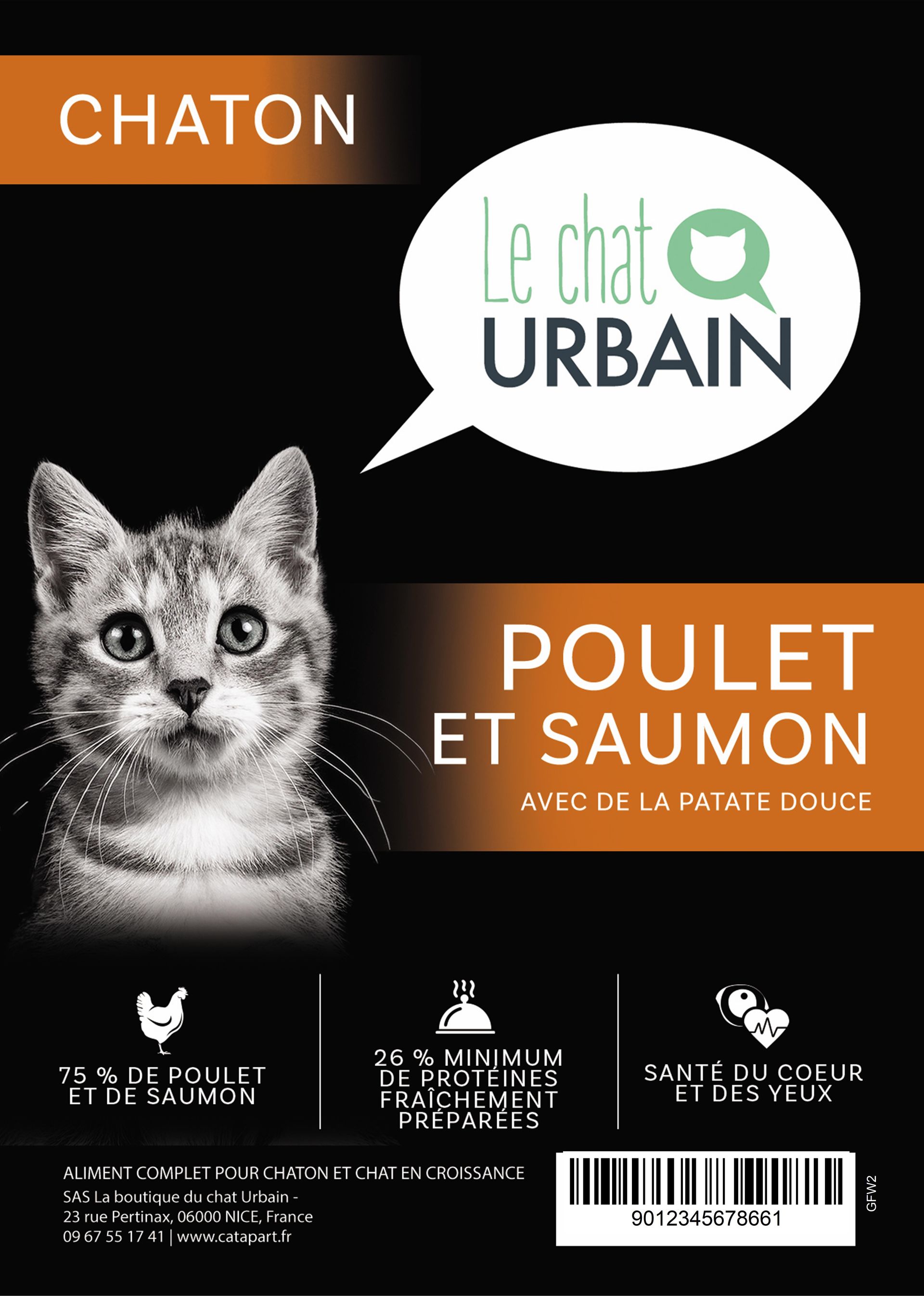 Croquettes sans céréales pour chaton – Poulet et saumon 2 kg – Le Chat Urbain — étiquette recto
