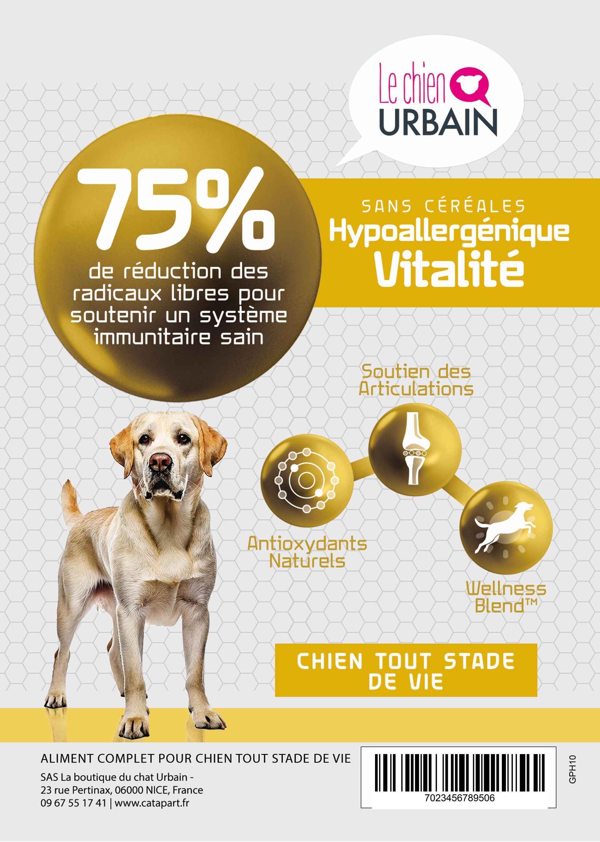Croquettes sans céréales pour chien de tout âge - Vitalité - Le Chien Urbain — étiquette recto