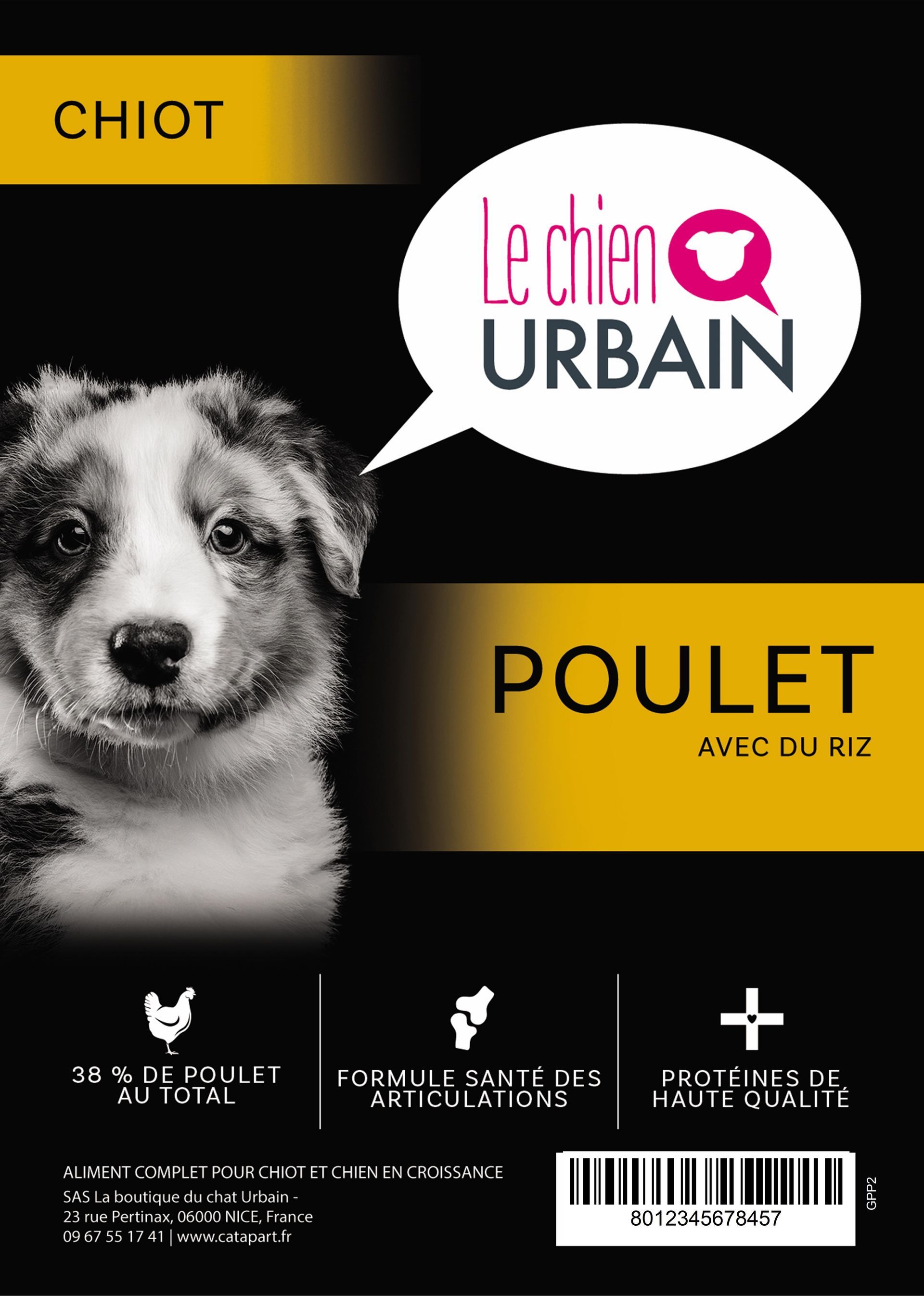 Croquettes pour chiot – Poulet et riz 2 kg – Le Chien Urbain — étiquette recto