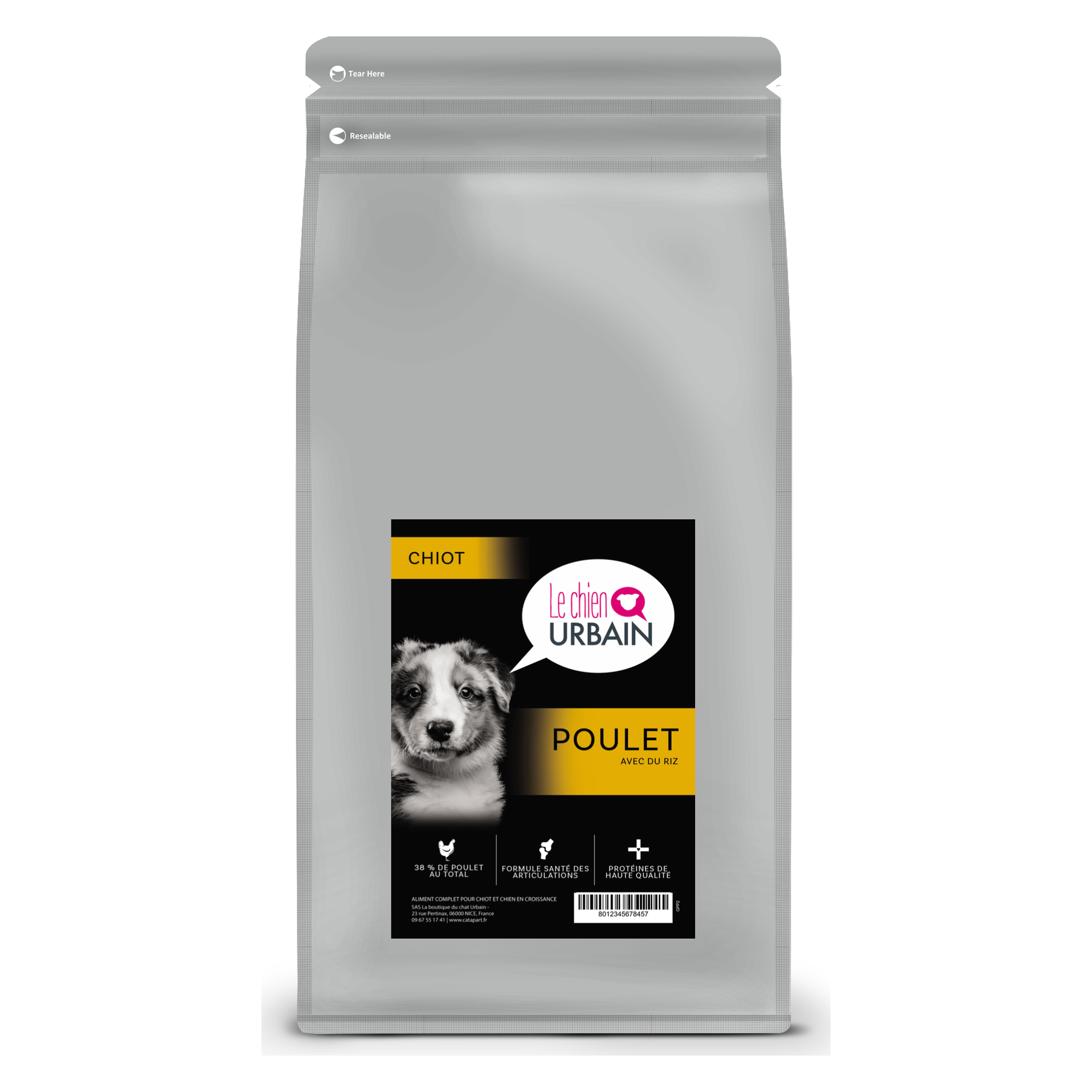 Croquettes pour chiot – Poulet et riz 2 kg – Le Chien Urbain — 2 kg — sac avec étiquette avant