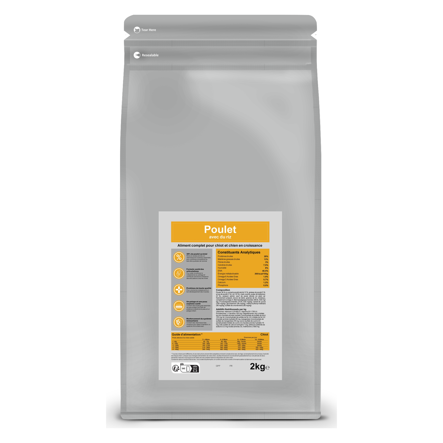 Croquettes pour chiot – Poulet et riz 2 kg – Le Chien Urbain — 2 kg — sac avec étiquette avant