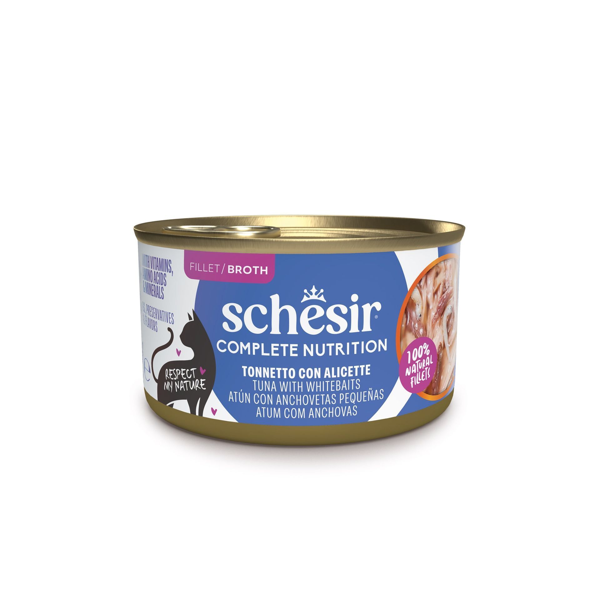 Boîte Schesir Complete Nutrition pour chat au thon et aux blanchailles, 85 g