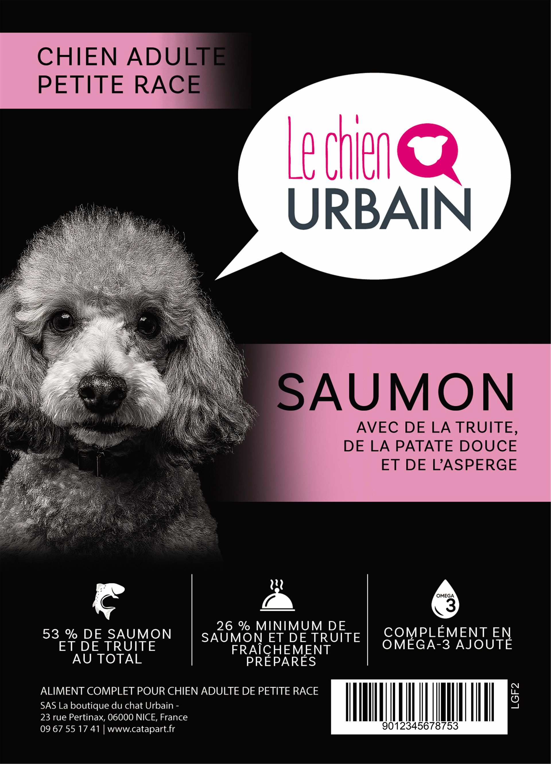 Croquettes sans céréales pour petit chien – Saumon, truite, patate douce et asperge 2 kg – Le Chien Urbain — étiquette recto