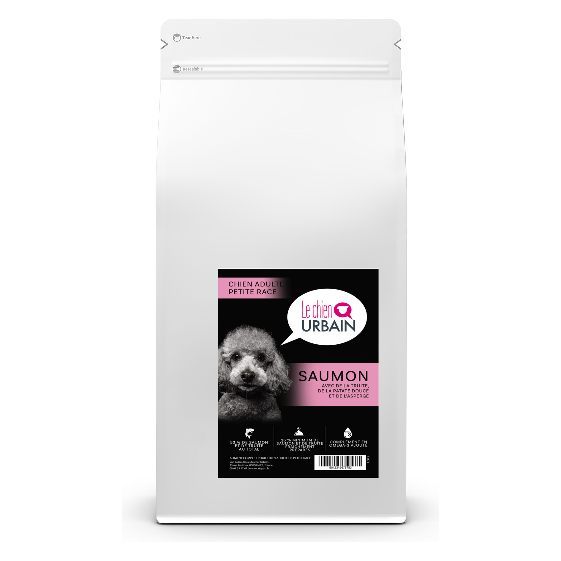 Croquettes sans céréales pour petit chien – Saumon truite patate douce et asperge 2 kg – Le Chien Urbain — 2 kg — sac avec étiquette avant