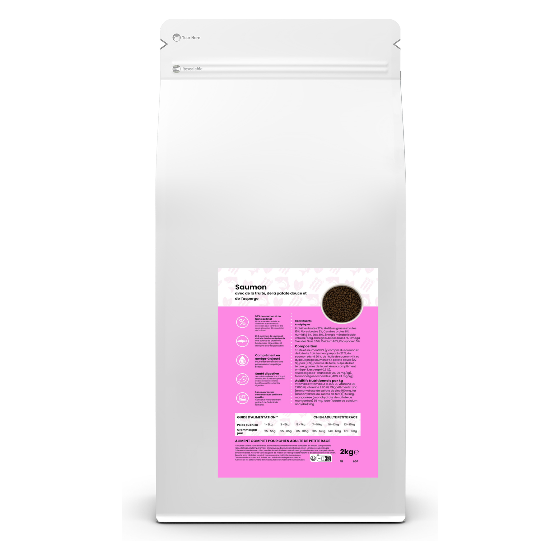 Croquettes sans céréales pour petit chien – Saumon truite patate douce et asperge 2 kg – Le Chien Urbain — 2 kg — sac avec étiquette avant