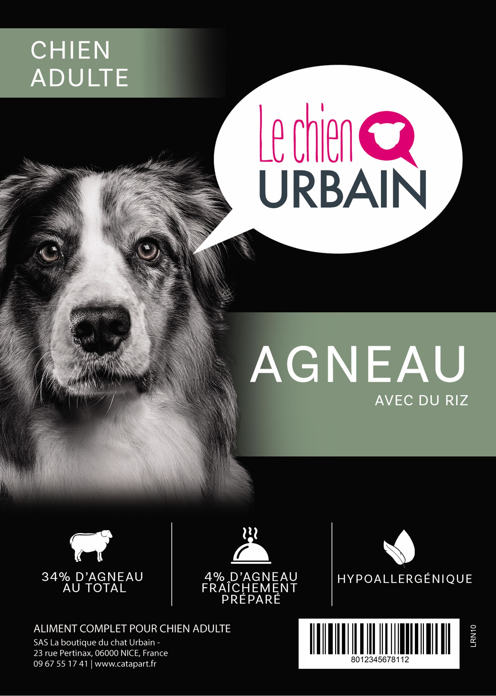 Croquettes pour chien adulte – Agneau, riz et orge – Le Chien Urbain — étiquette recto