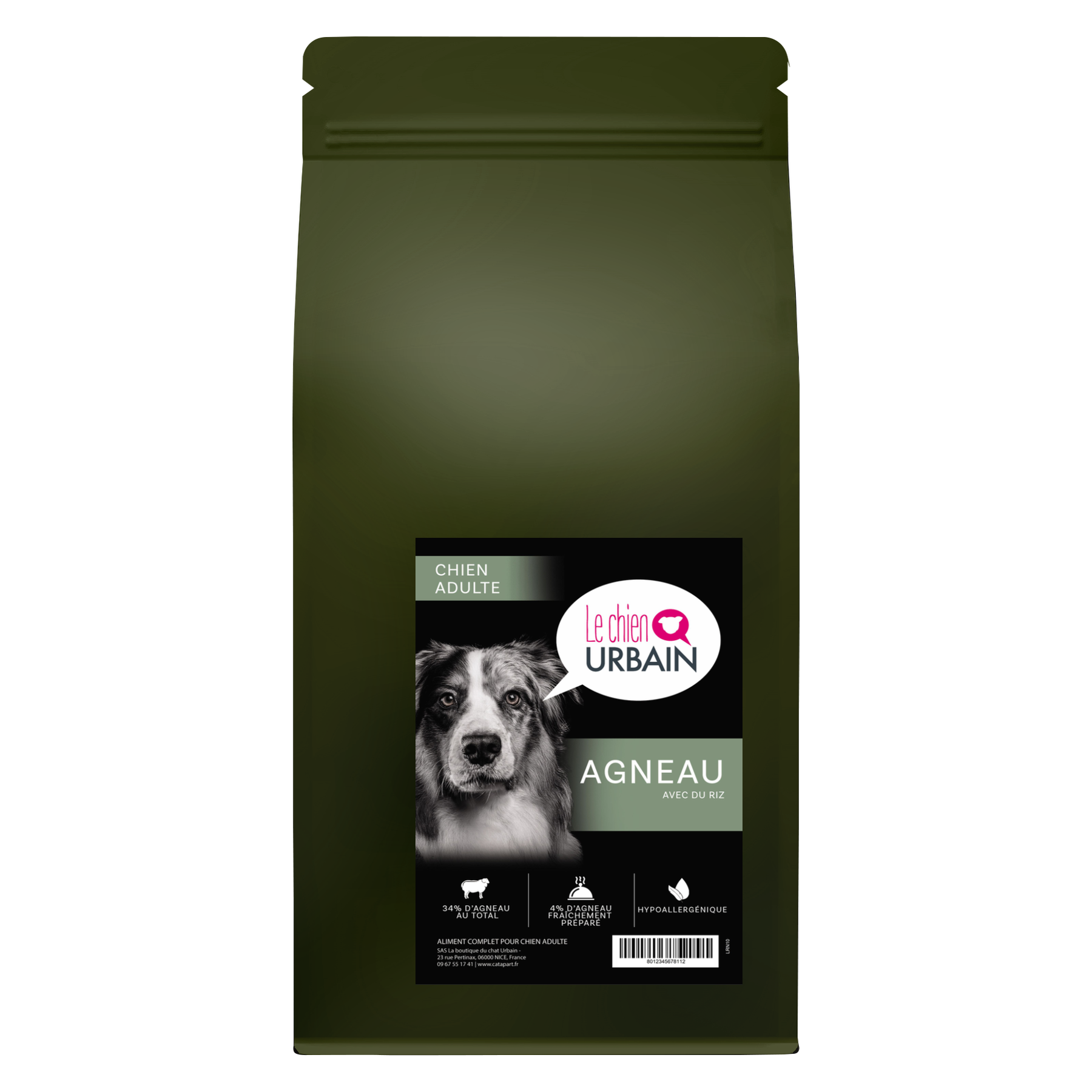 Croquettes pour chien adulte – Agneau riz et orge – Le Chien Urbain — 1,5 kg — sac avec étiquette avant