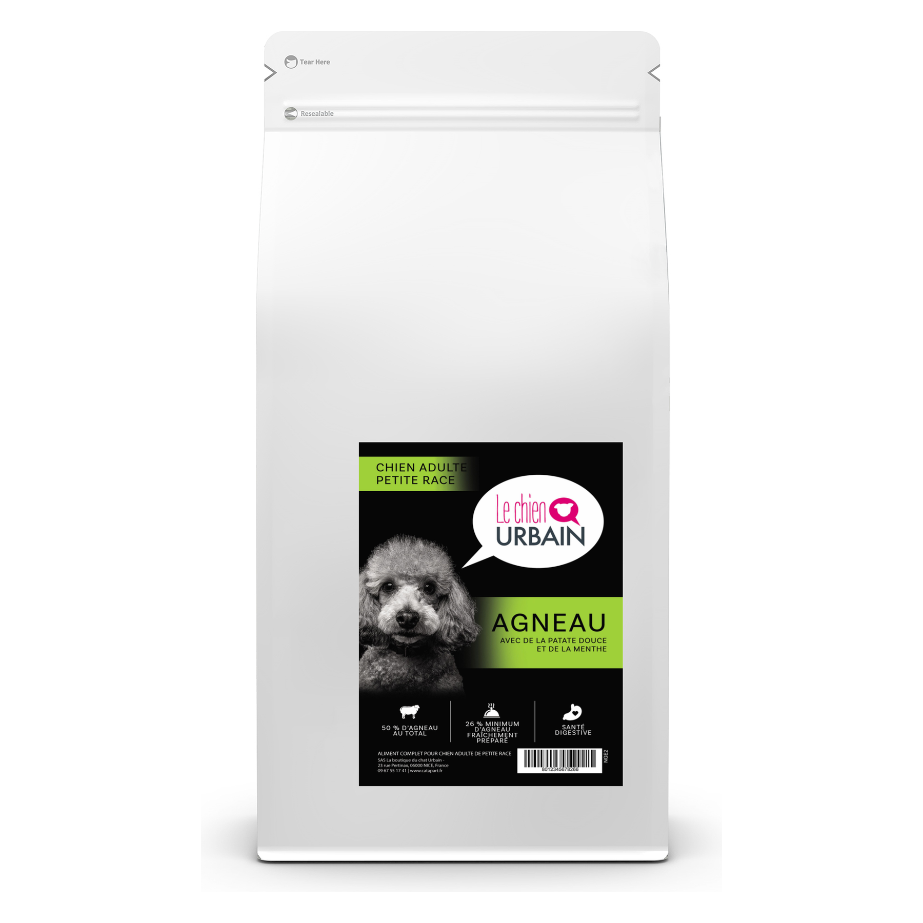 Croquettes sans céréales pour petit chien – Agneau patate douce et menthe 2 kg – Le Chien Urbain — 2 kg — sac avec étiquette avant