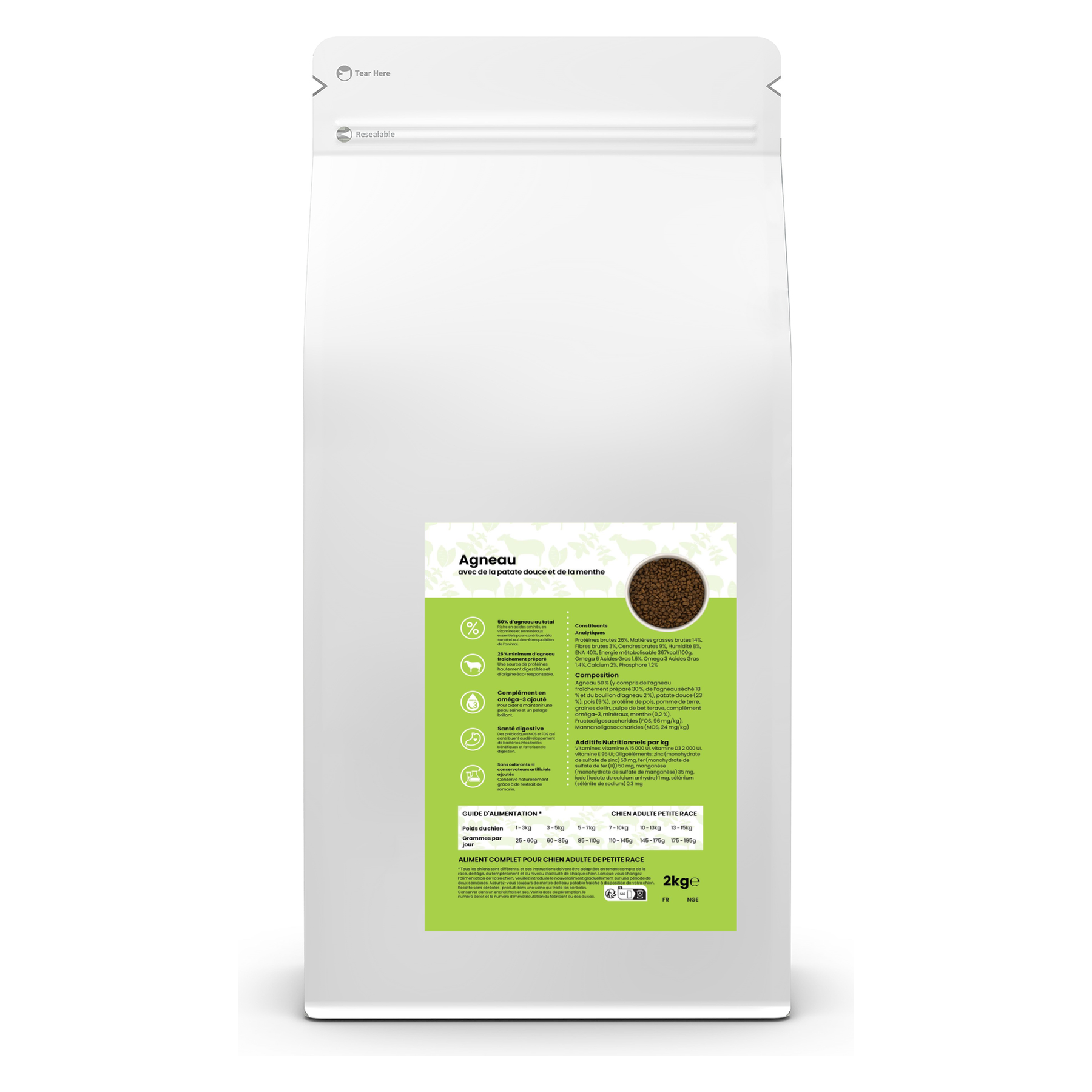 Croquettes sans céréales pour petit chien – Agneau patate douce et menthe 2 kg – Le Chien Urbain — 2 kg — sac avec étiquette avant