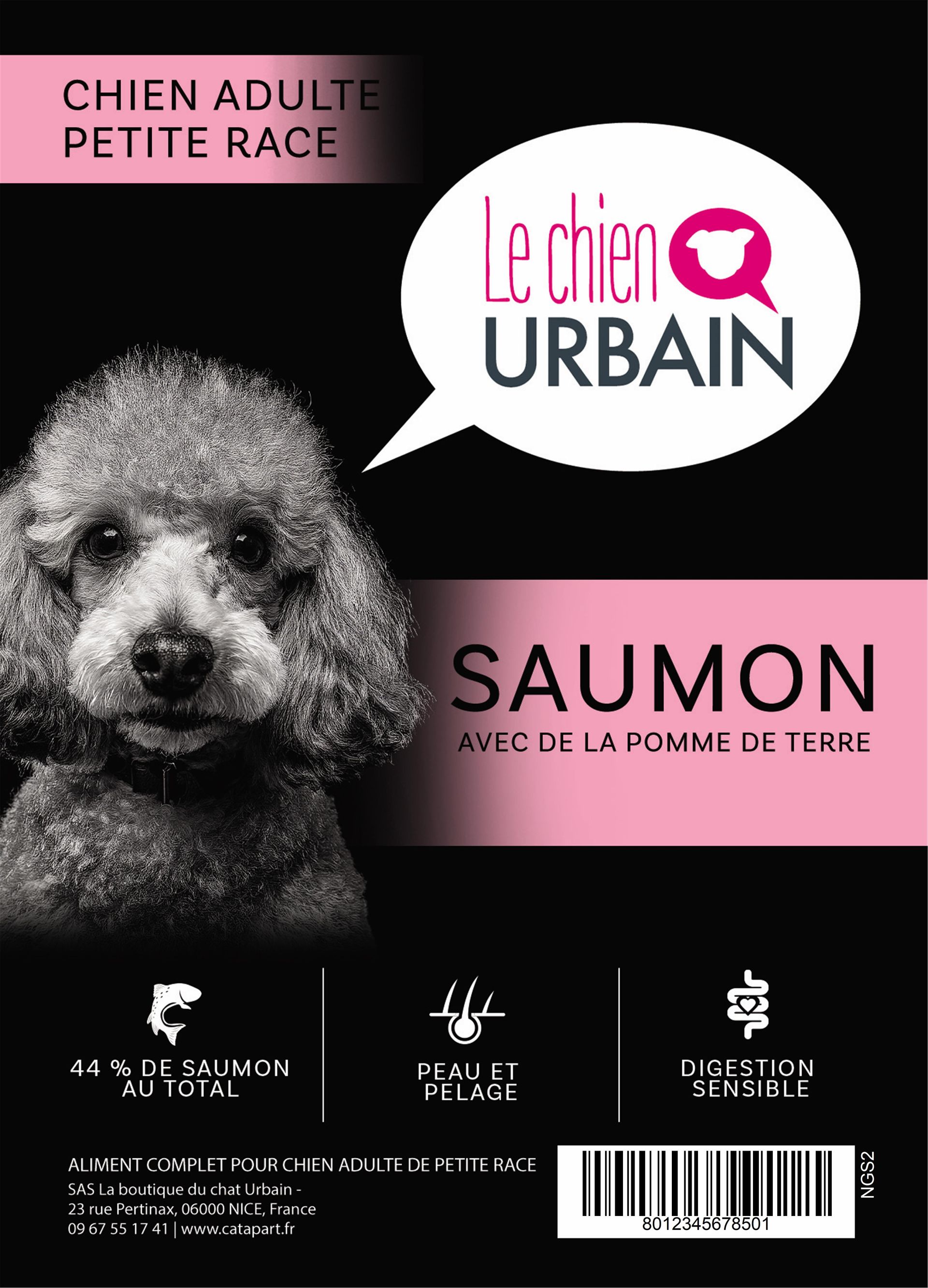 Croquettes pour chien adulte petite race – Saumon et pomme de terre 2 kg – Le Chien Urbain — étiquette recto