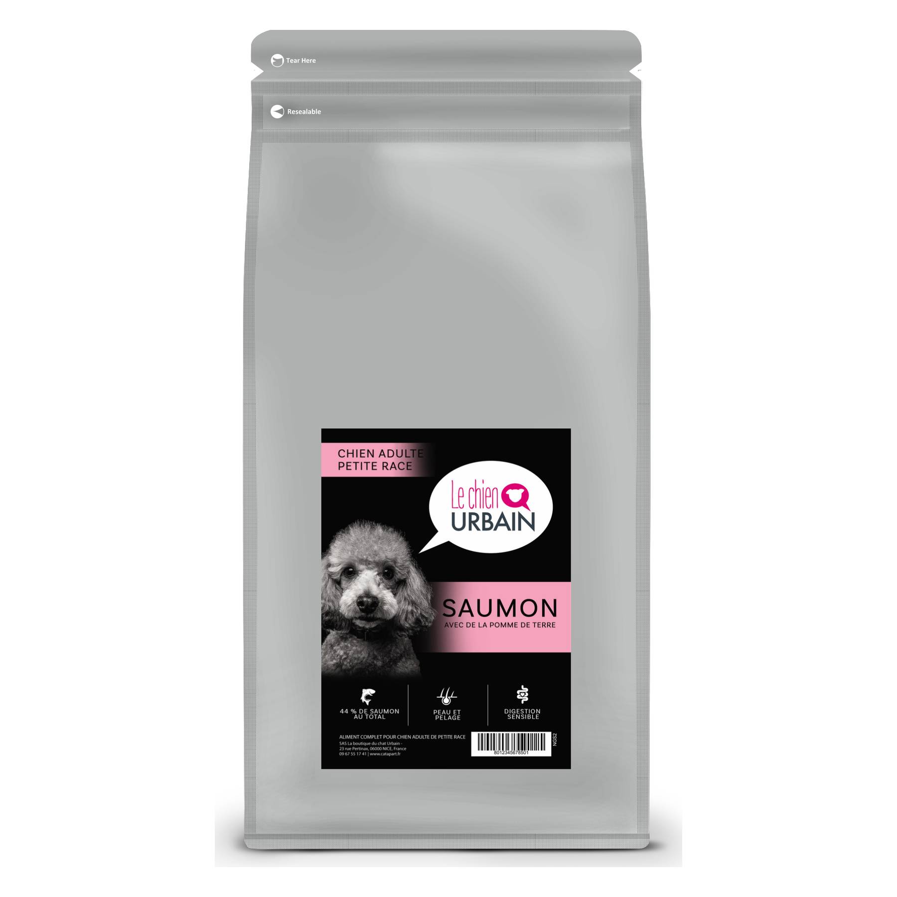 Croquettes pour chien adulte petite race – Saumon et pomme de terre 2 kg – Le Chien Urbain — 2 kg — sac avec étiquette avant