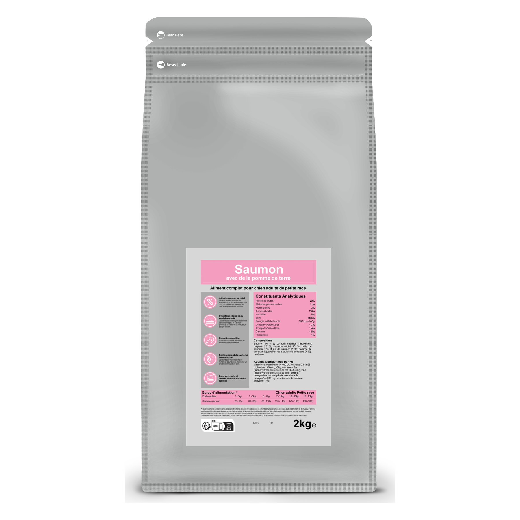 Croquettes pour chien adulte petite race – Saumon et pomme de terre 2 kg – Le Chien Urbain — 2 kg — sac avec étiquette avant
