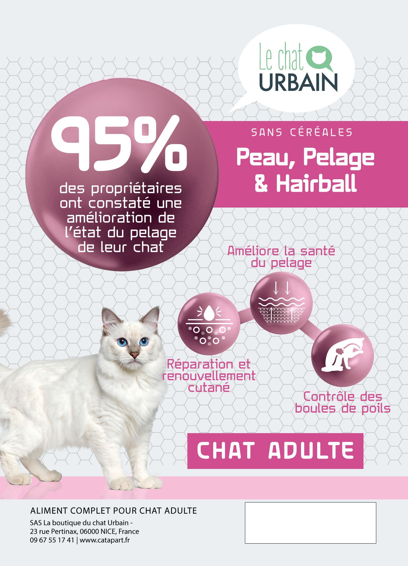 Croquettes sans céréales pour chat adulte - Peau, pelage et boules de poils - Le Chat Urbain