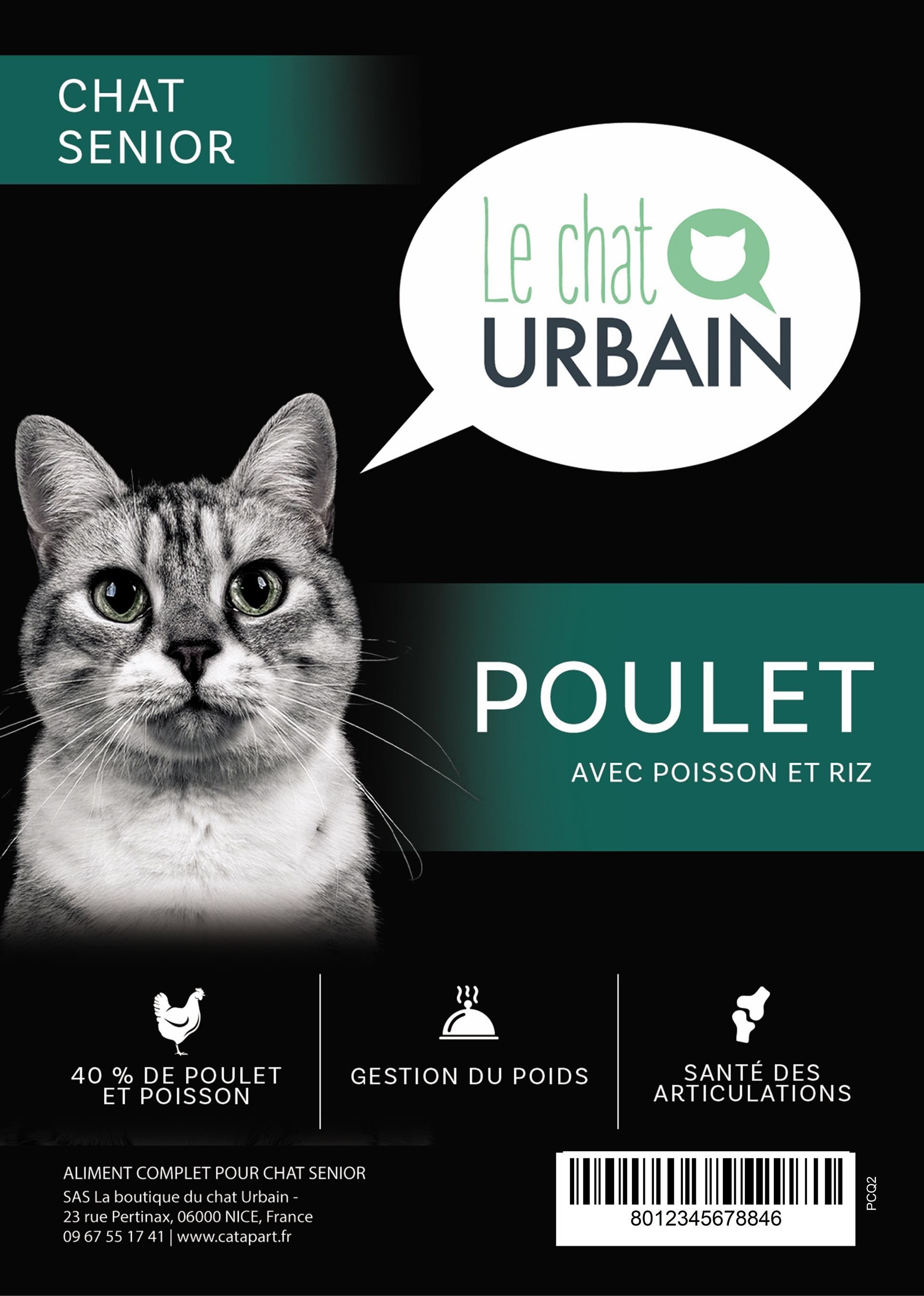 Croquettes pour chat stérilisé ou senior – Poulet, poisson et riz – Le Chat Urbain — étiquette recto