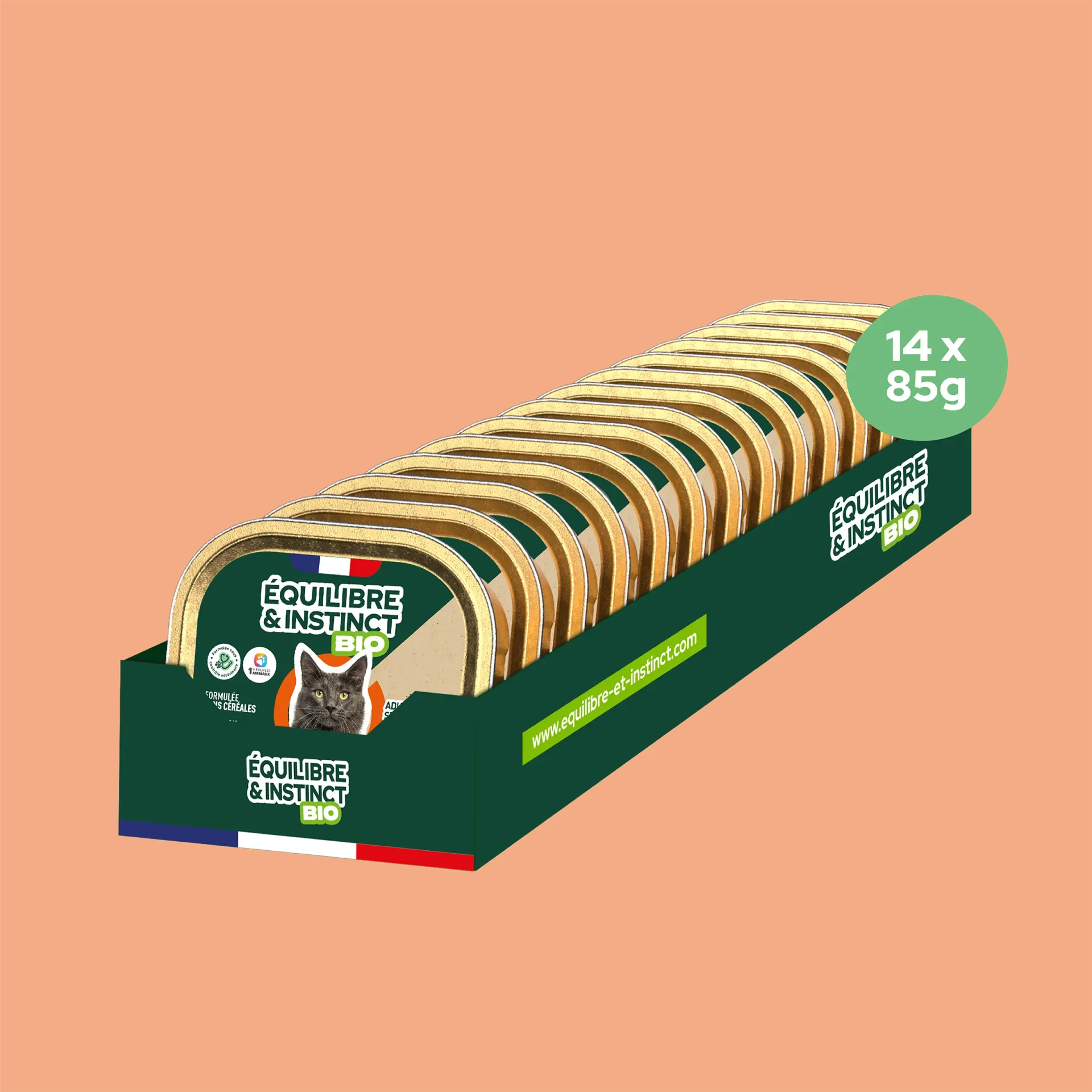Terrines BIO au poulet et aux petits pois carottes (Chat adulte) Équilibre & Instinct, carton de 14 barquettes de 85 g